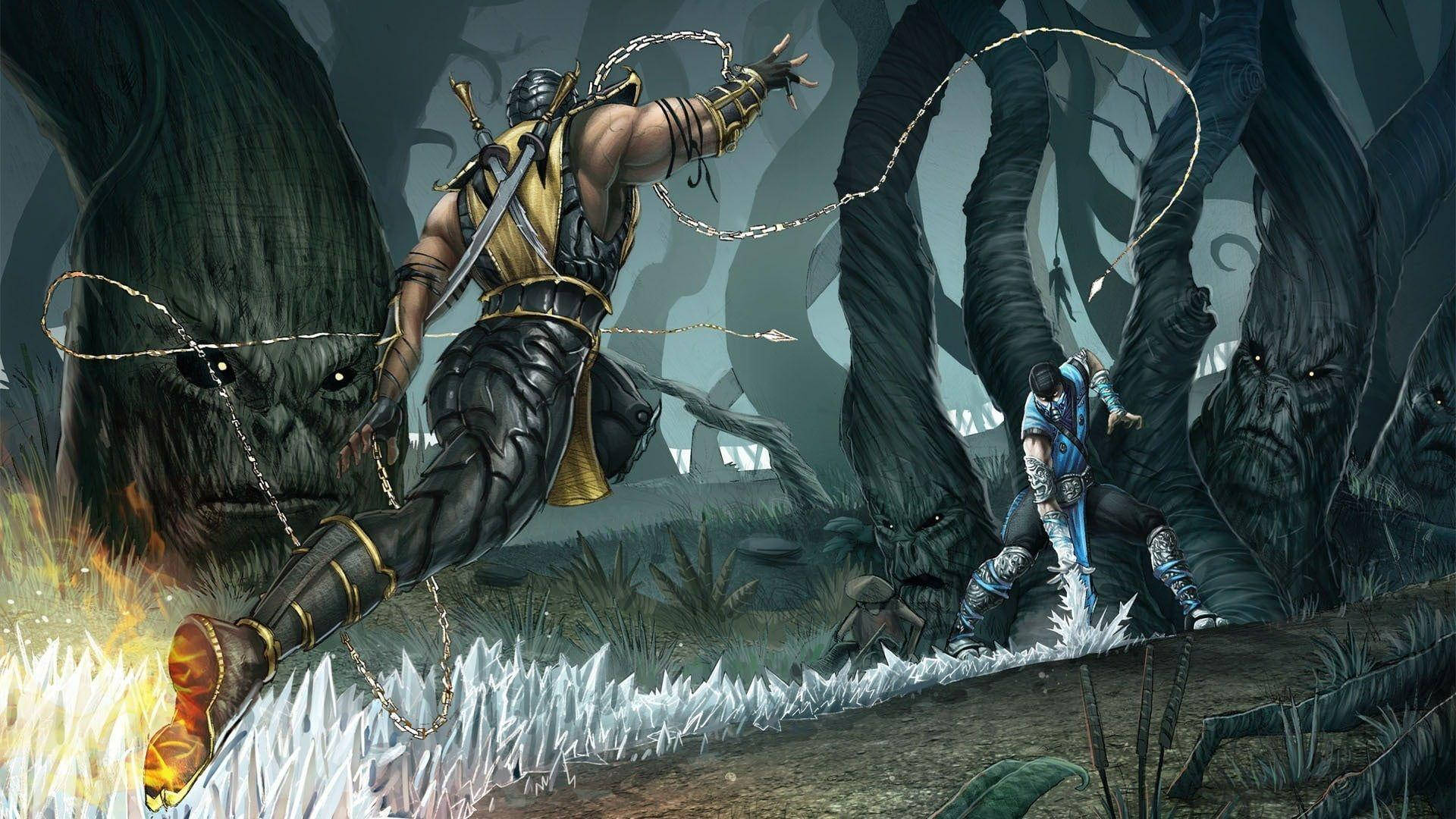 Mortal Kombat Scorpion Vs Sub Zero In Forest Wallpaper