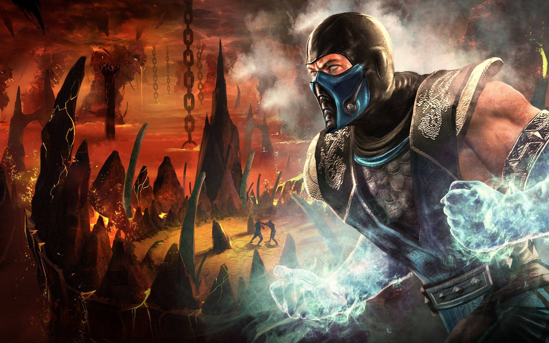 Sub-Zero and an opponent clash in Mortal Kombat's iconic arena Wallpaper