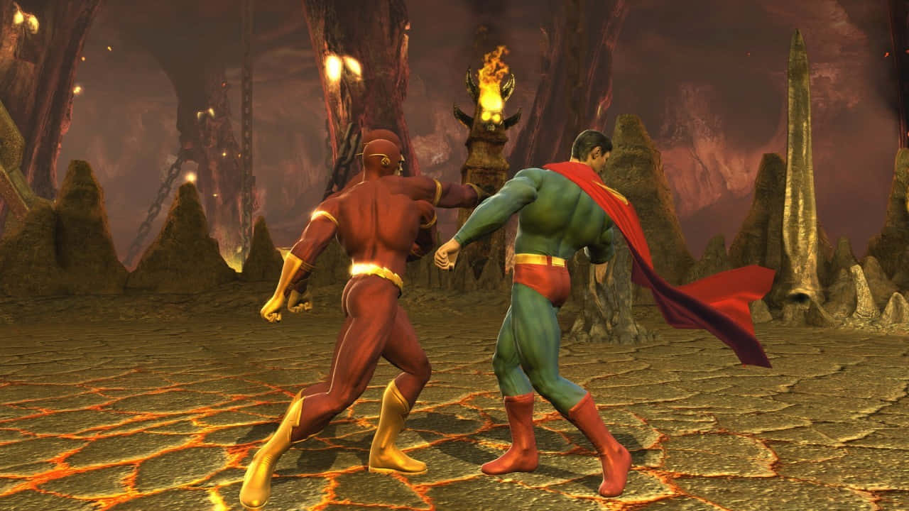 Títulopersonajes De Mortal Kombat Y Dc Universe Se Enfrentan En Una Batalla Épica. Fondo de pantalla