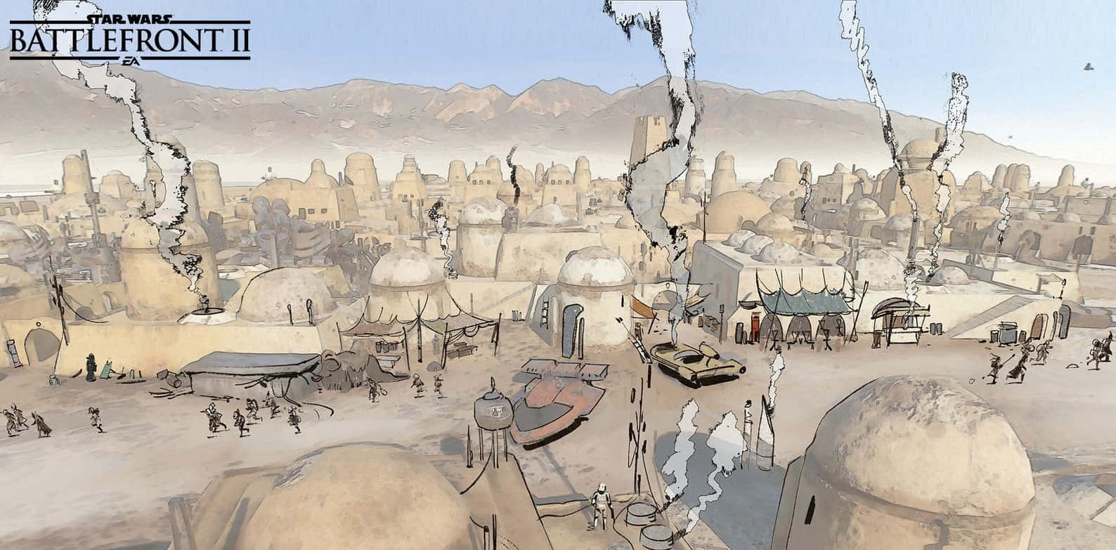 The spaceport known as Mos Eisley, a hive of criminal activity and home to unsavoury denizens Wallpaper
