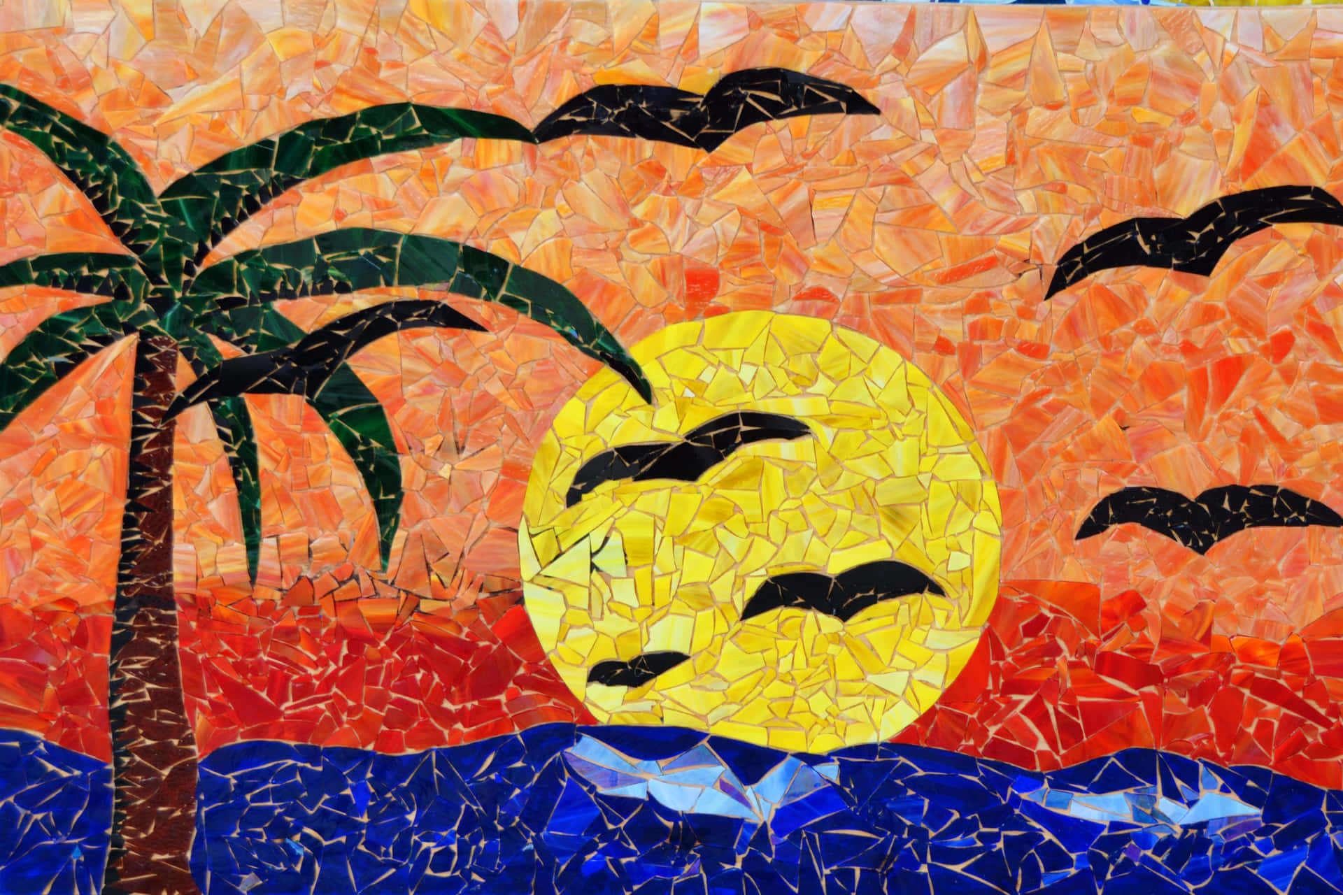 Mosaikkonstsolnedgång Med Fåglar Och Palmträd
