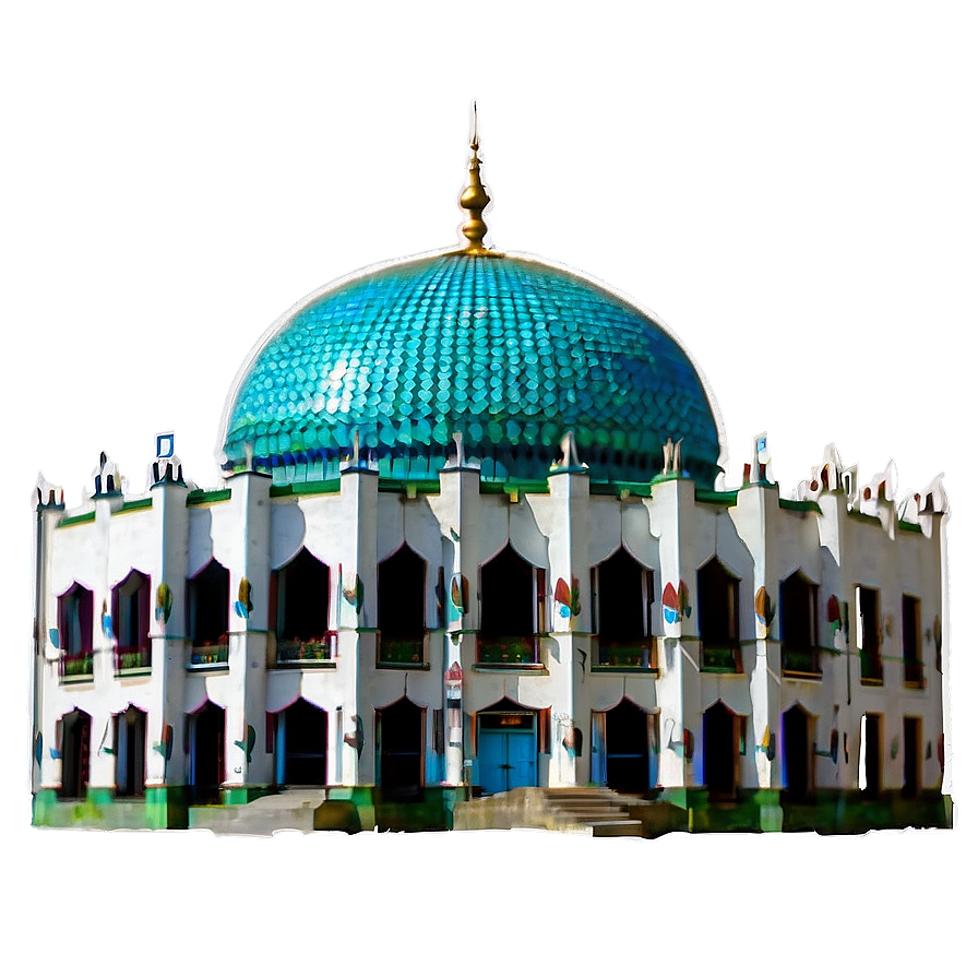 mosque d PNG — A grand mosque with a vibrant turquoise tiled dome and white walls stands under a soft blue sky.