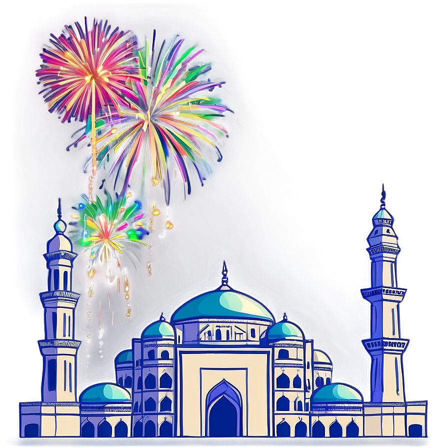 Mosque With Eid Fireworks Png Lnx24 PNG