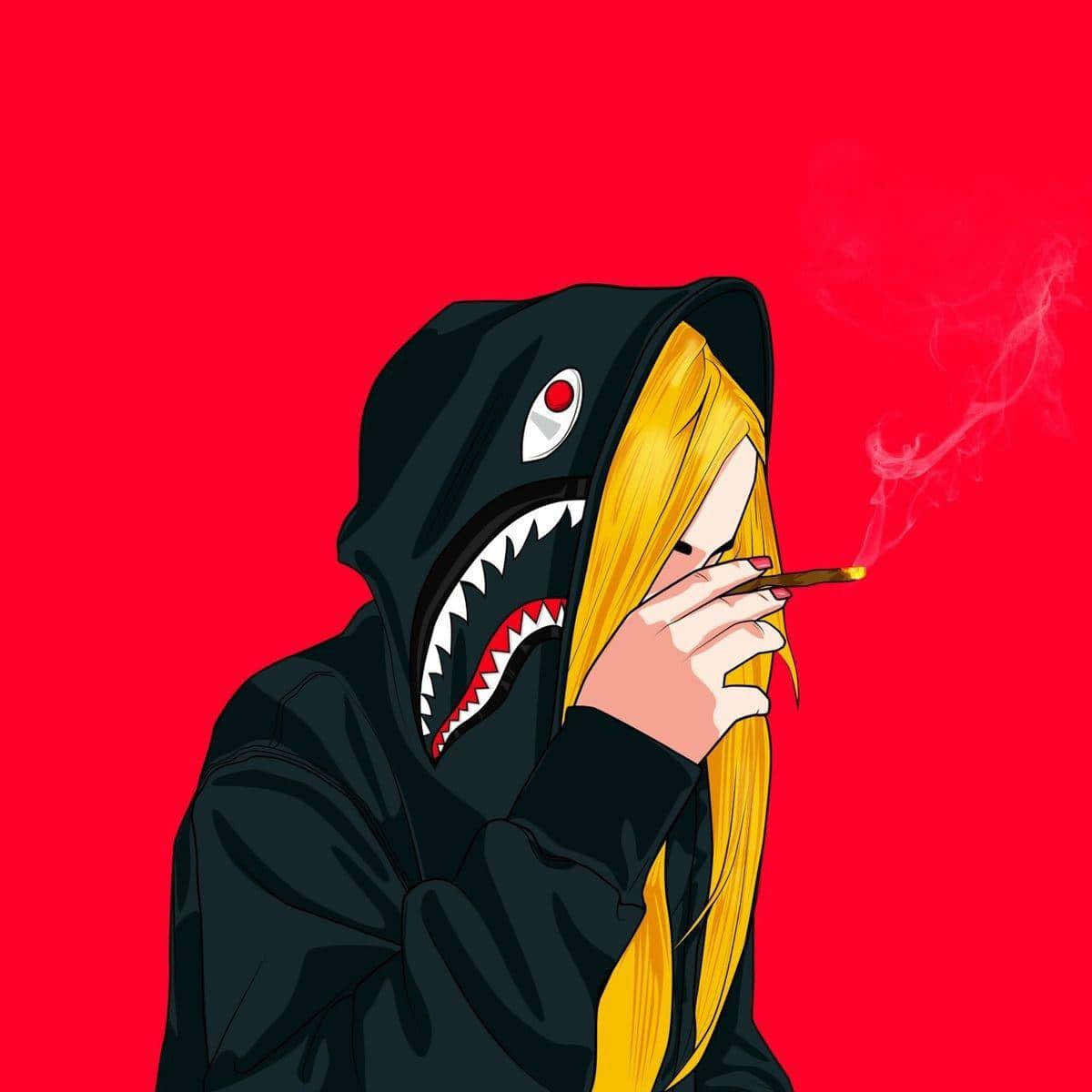 En pige i en sort hættetrøje, der ryger en cigarette. Wallpaper