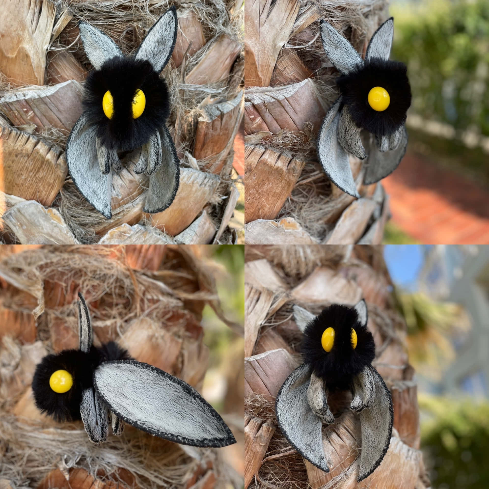 A Set Of Pictures Of A Stuffed Animal With Yellow Eyes