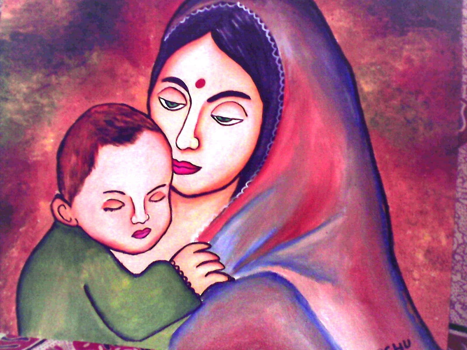 Mother And Boy Painting Wallpaper
