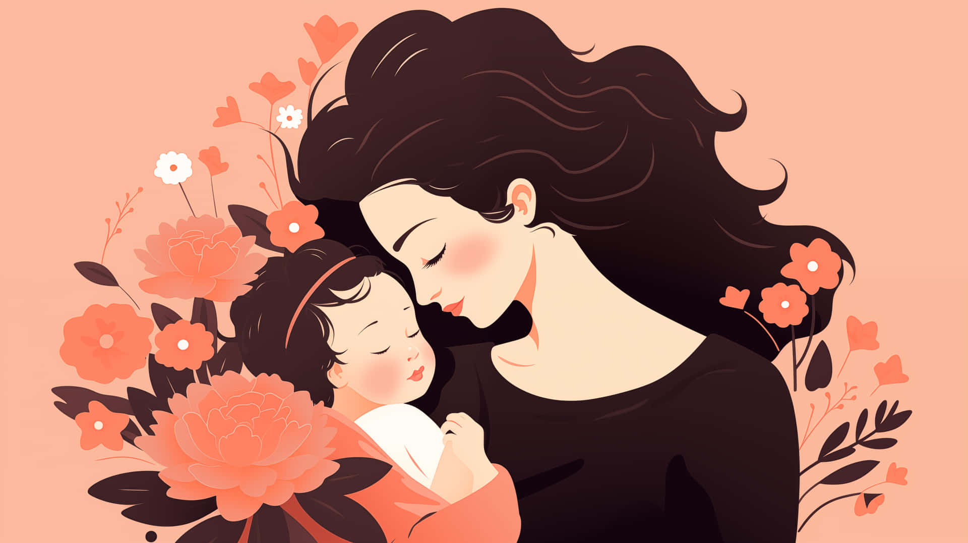 Mother Child Embrace Floral Backdrop Wallpaper