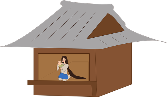 Mother Child Hut Illustration PNG