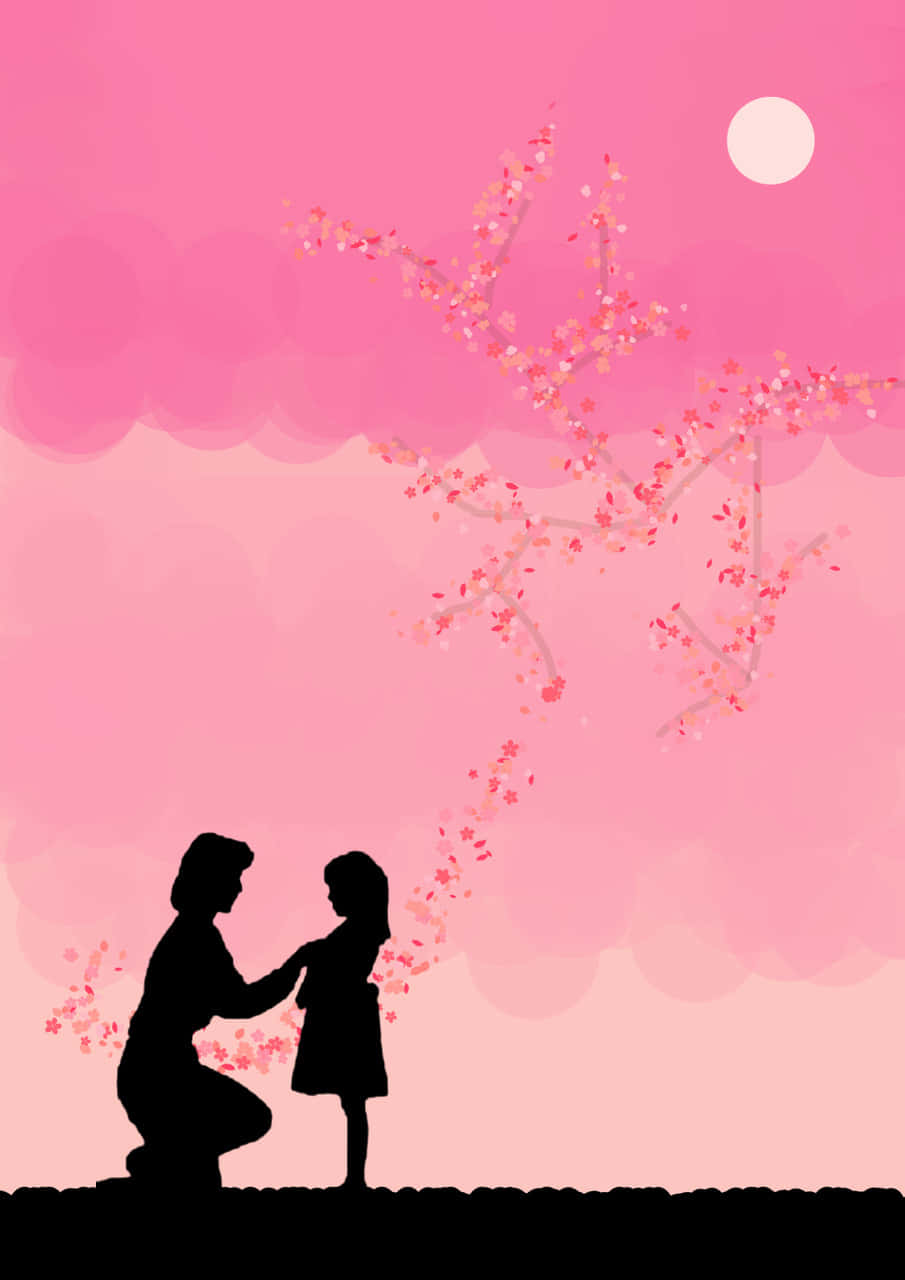 Mother Child Silhouette Cherry Blossoms Wallpaper