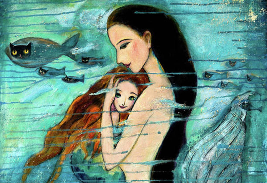 Mother Daughter Blue Painting Wallpaper