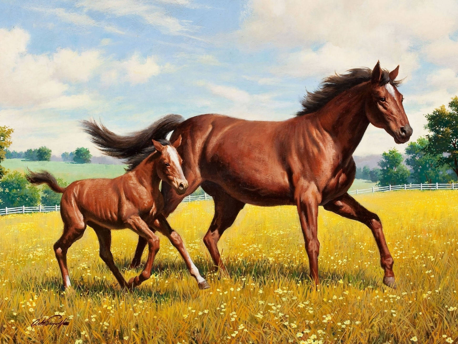 Mother Horse And Young Foal Painting Wallpaper