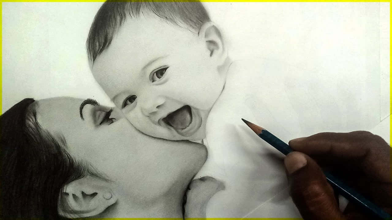 A Woman Is Drawing A Baby With A Pencil