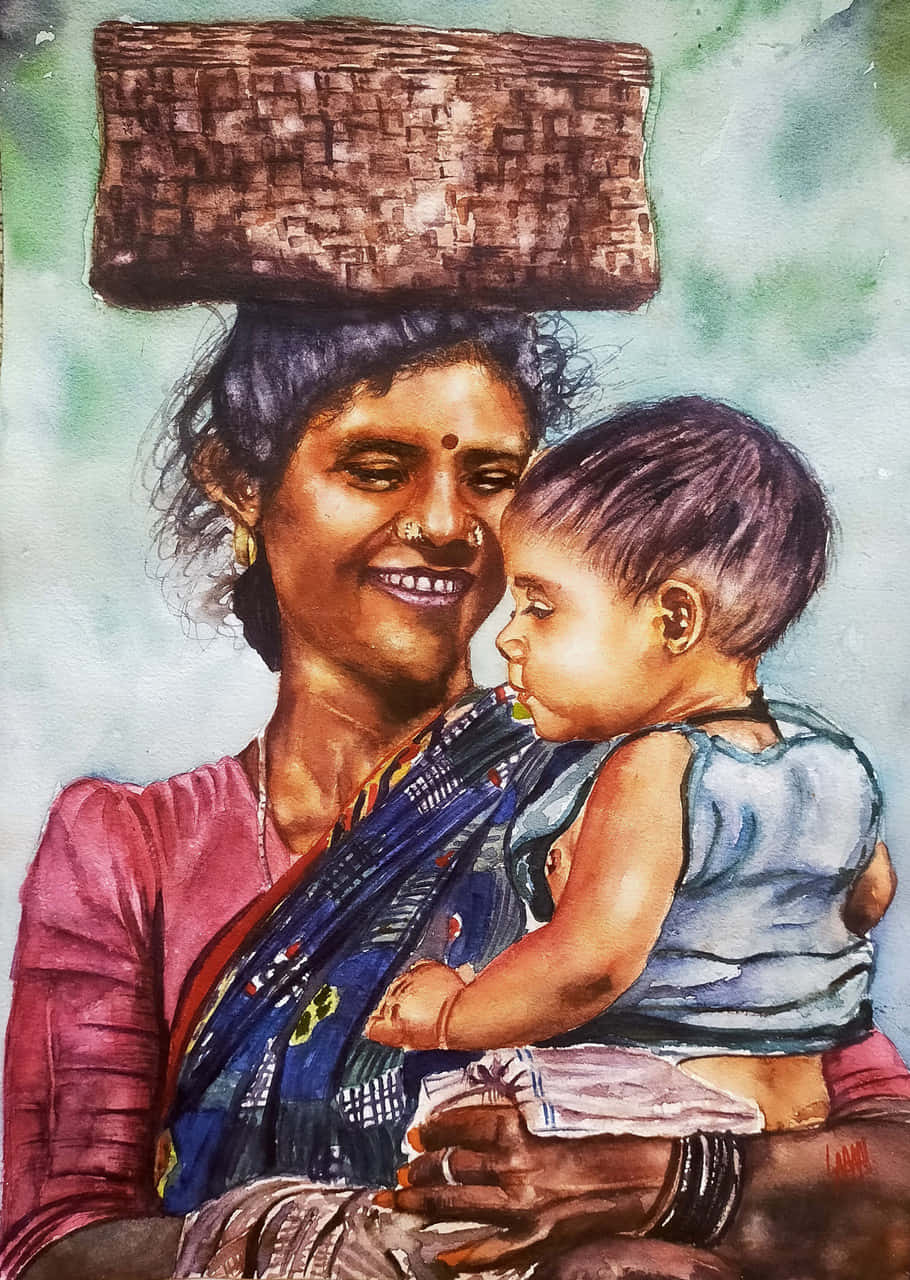 A Watercolor Painting Of A Woman Holding A Child