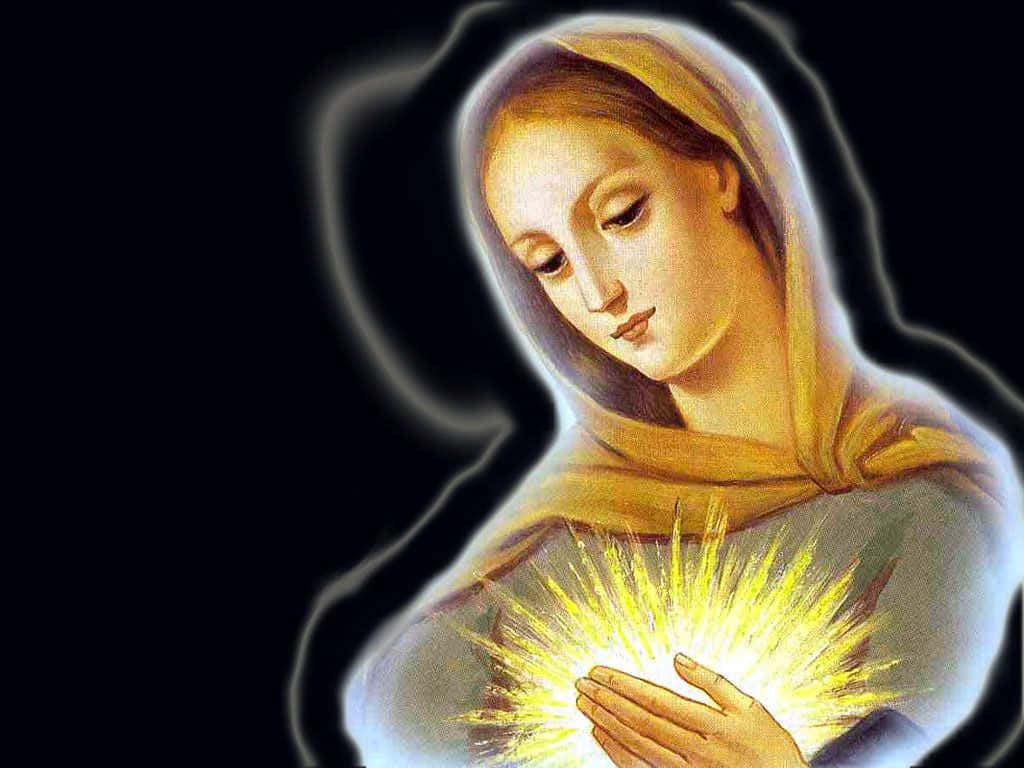 Diejungfrau Maria, Die Eine Hell Leuchtende Laterne Hält Wallpaper