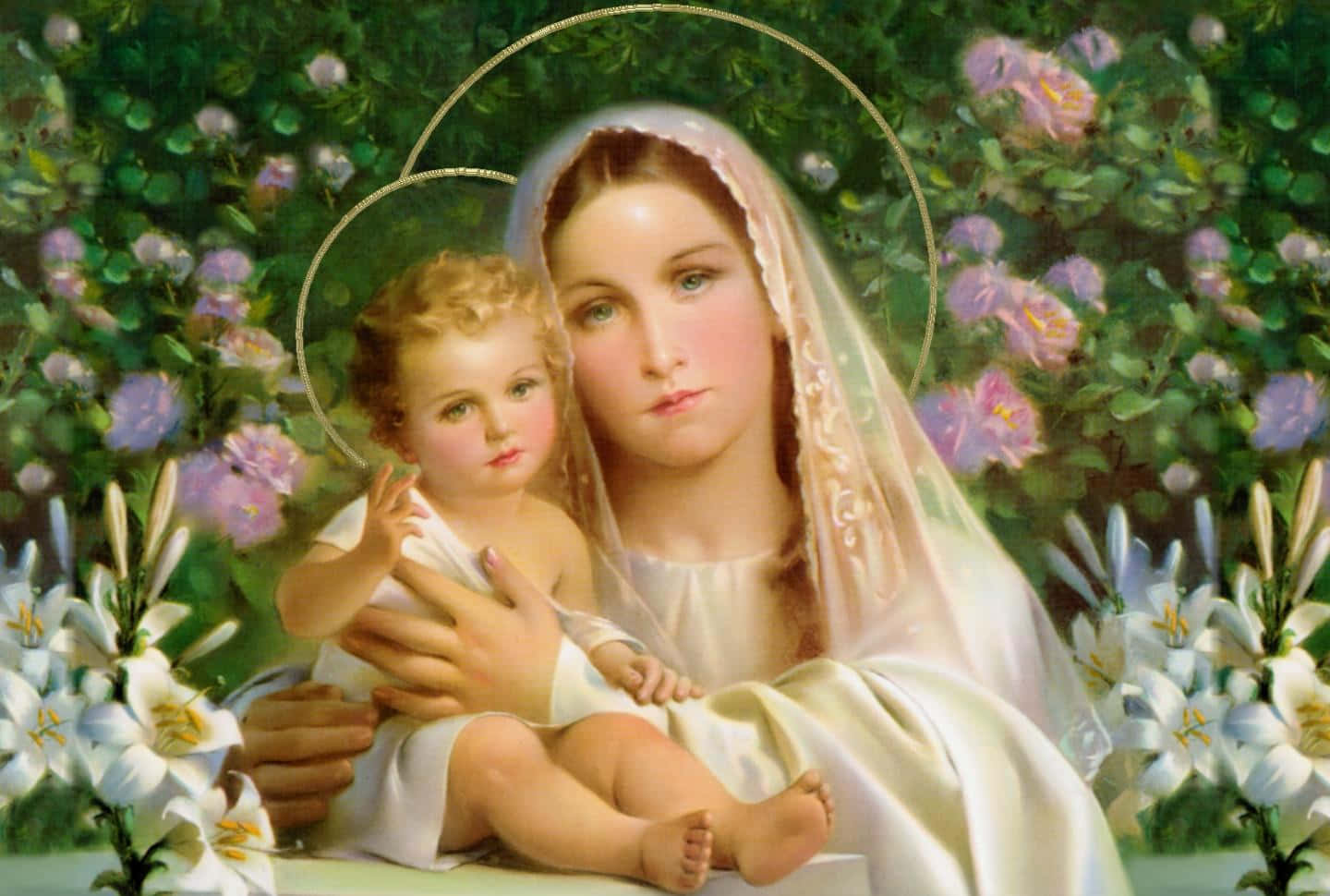 Mother Mary And Baby Jesus Flower Garden Wallpaper