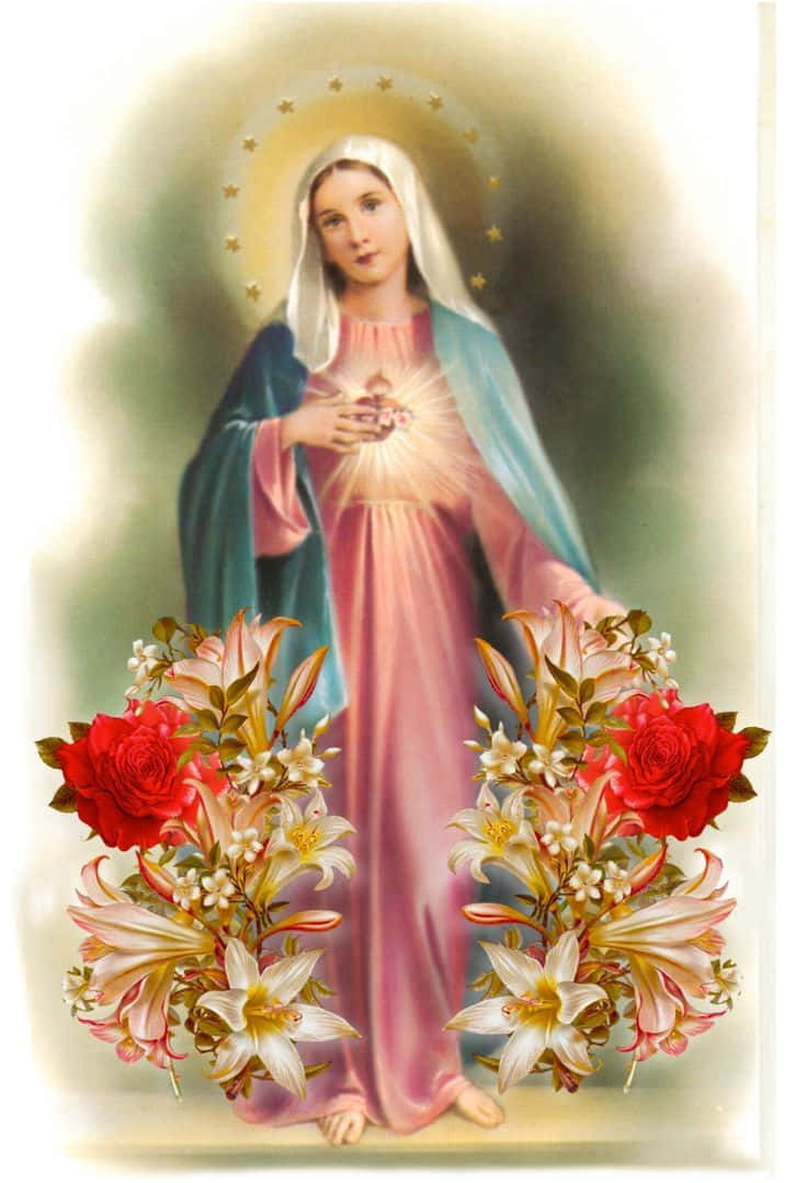 Mor Mary Med Hellige Blomster Wallpaper