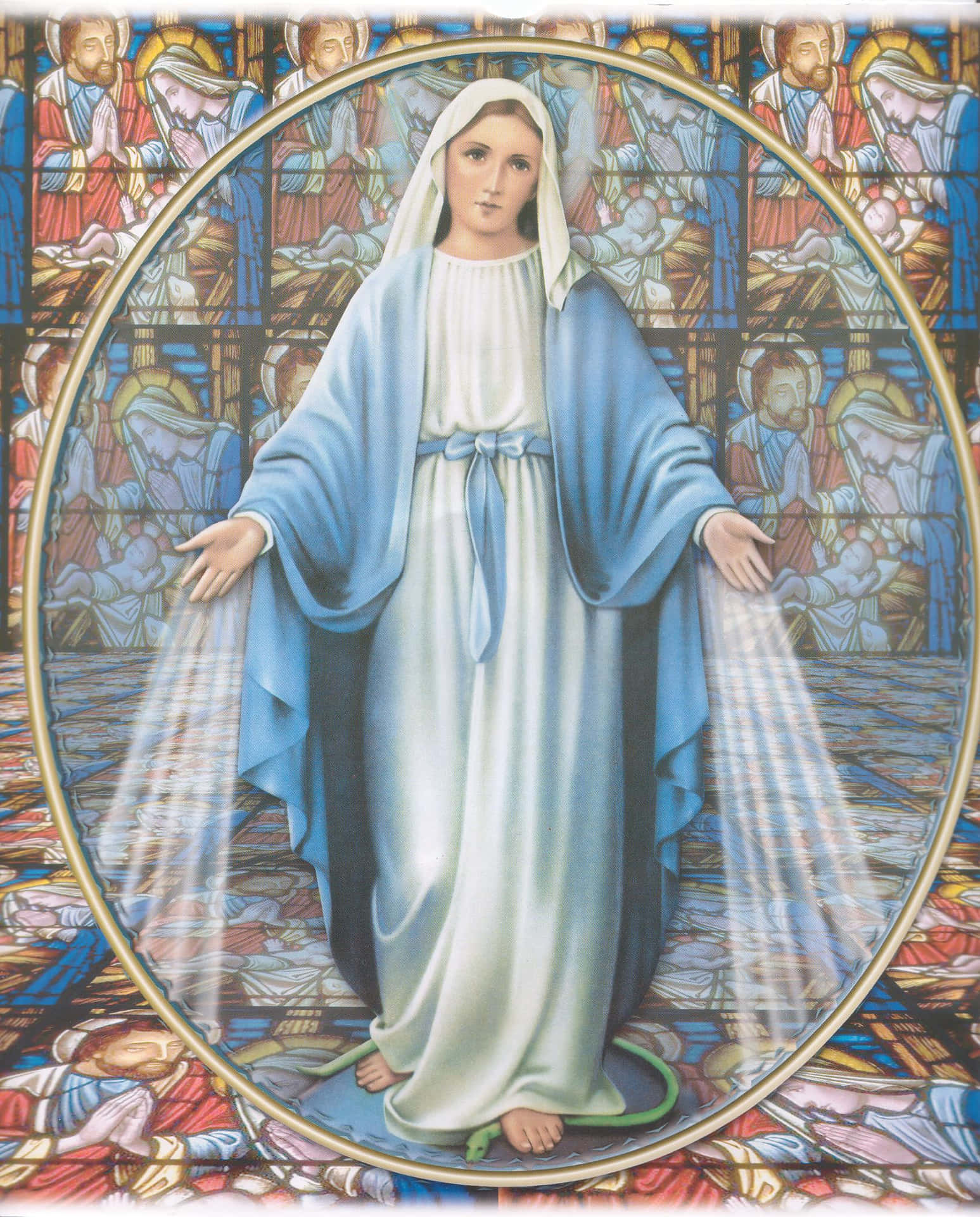 Mother Mary stands tall with a peaceful expression.