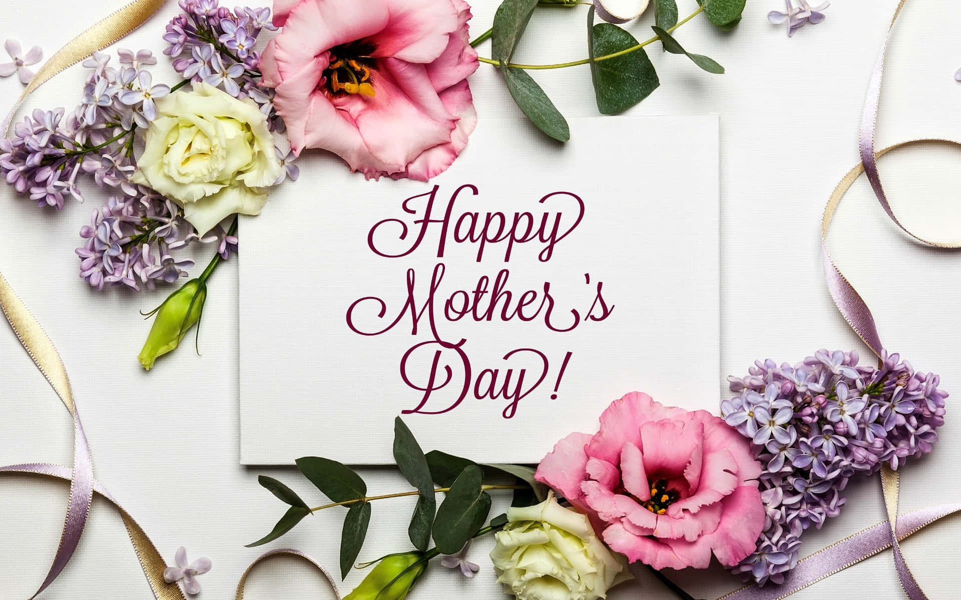 Happy Mother's Day Card With Flowers And Ribbon