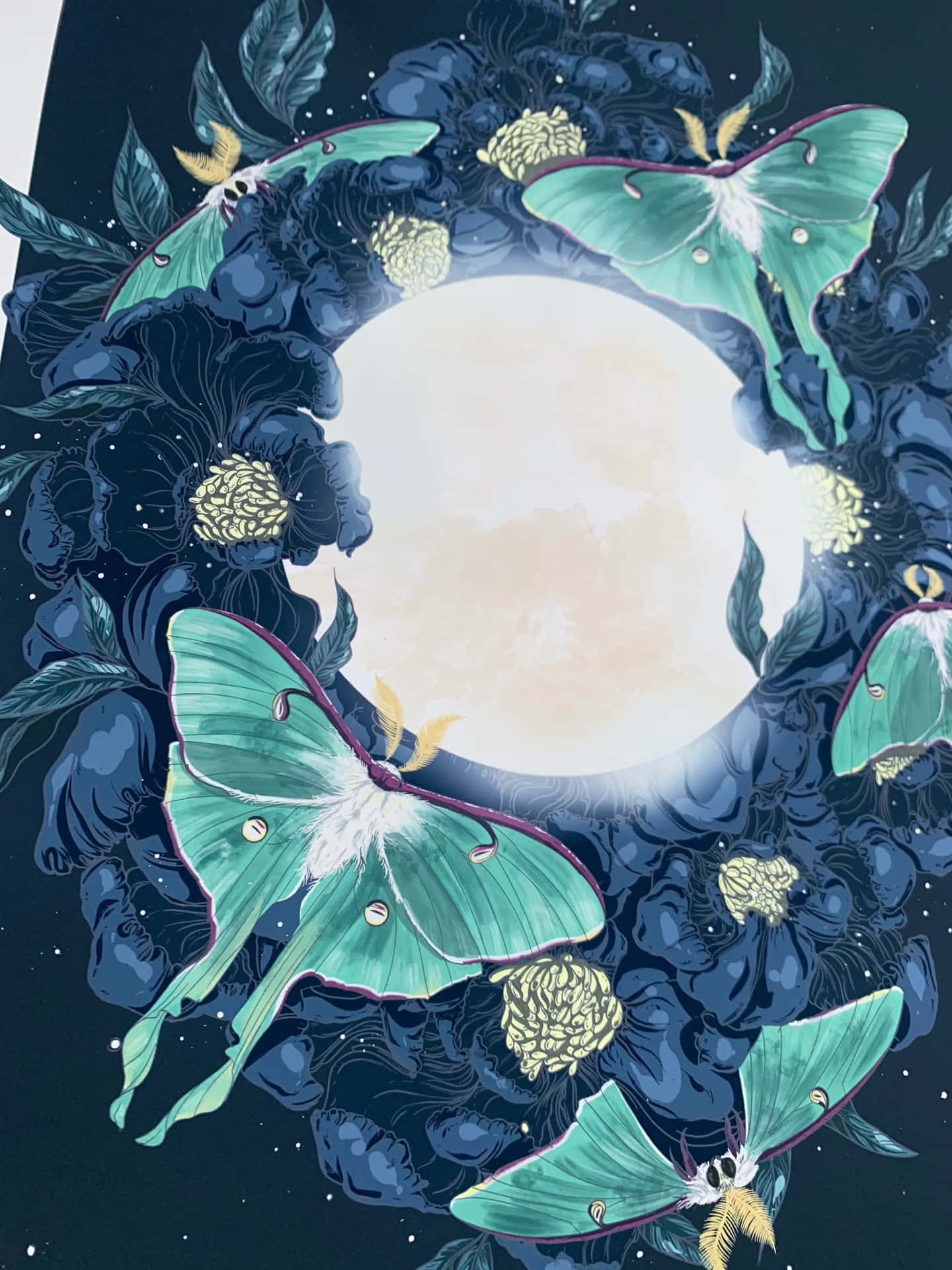 Moths Circling Moon Artwork Wallpaper