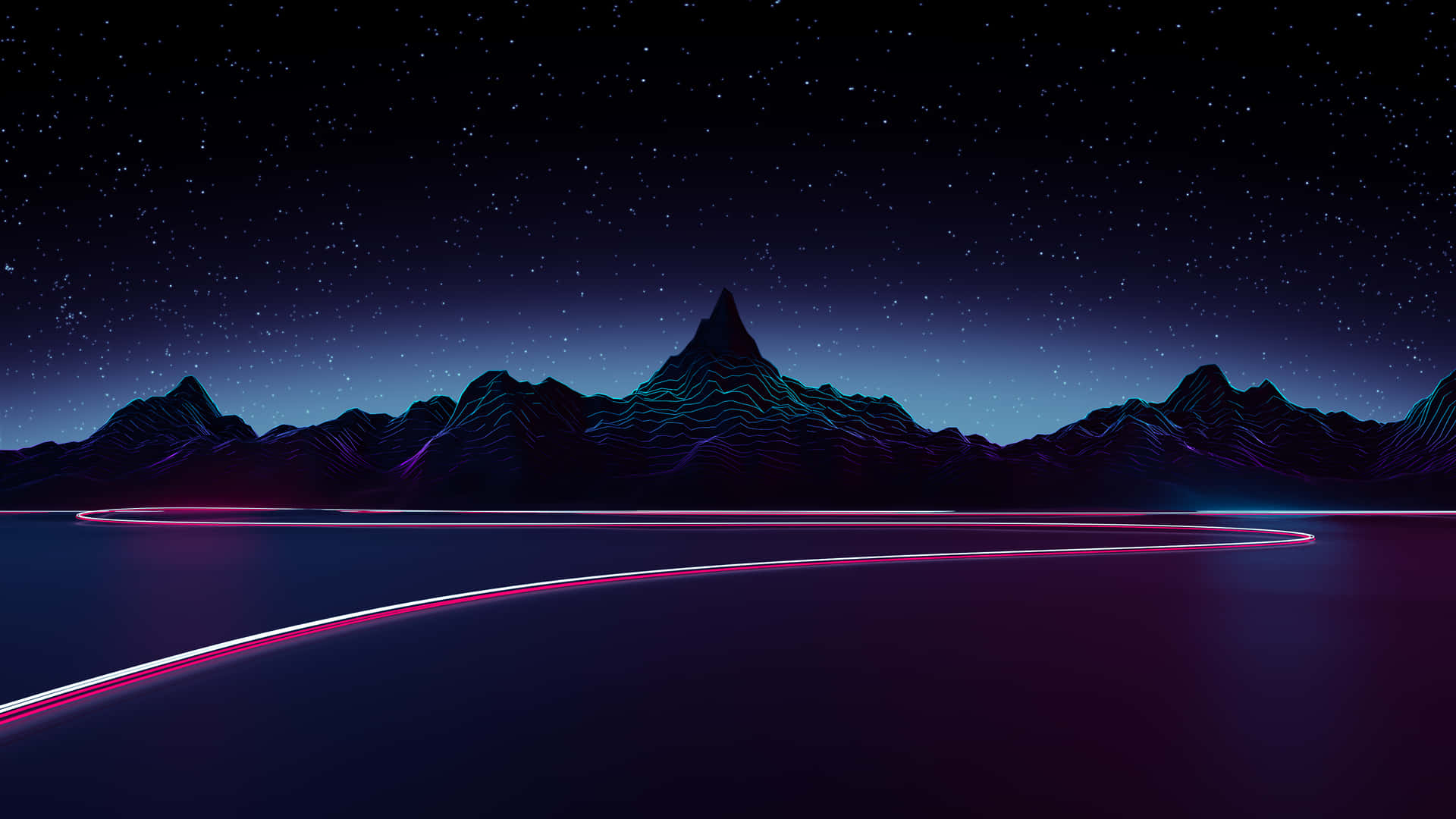 Et neonlys skinner over en bjerg- og søbaggrund. Wallpaper