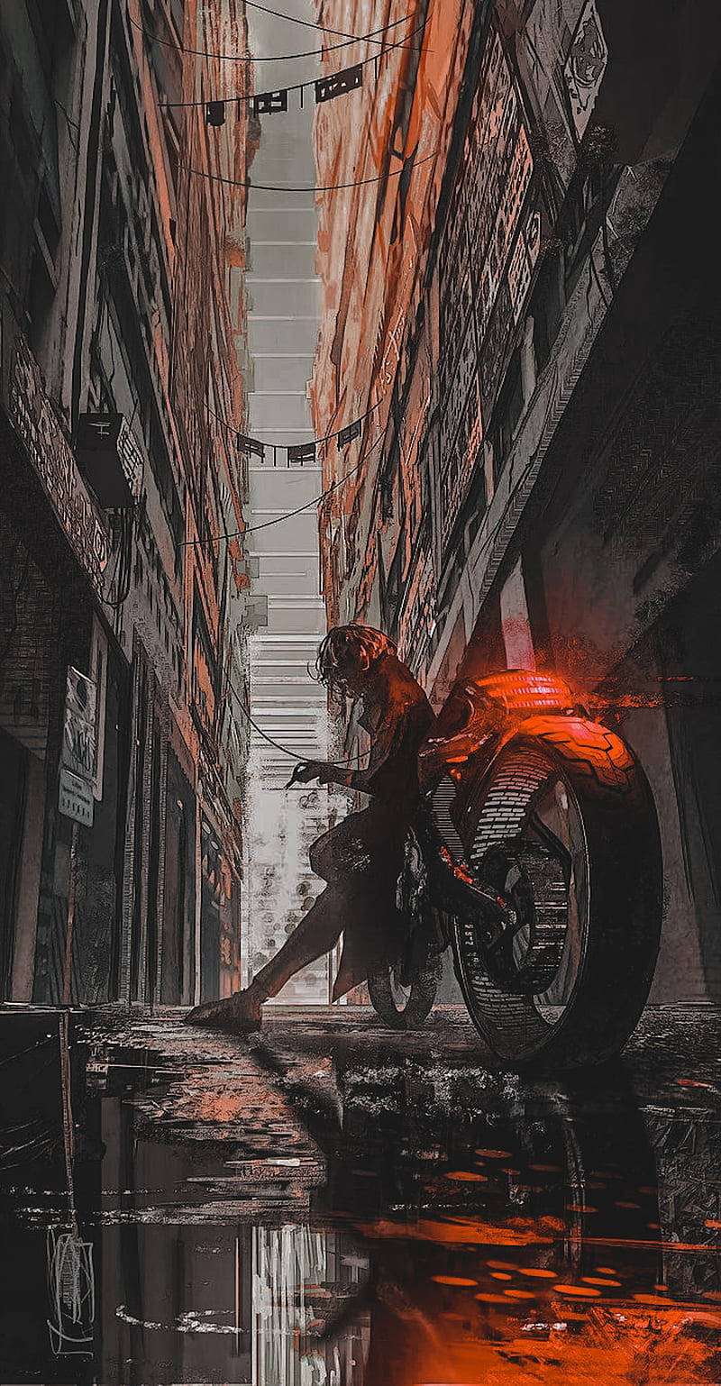 Motorcycle In Alley Cyberpunk iPhone X Wallpaper