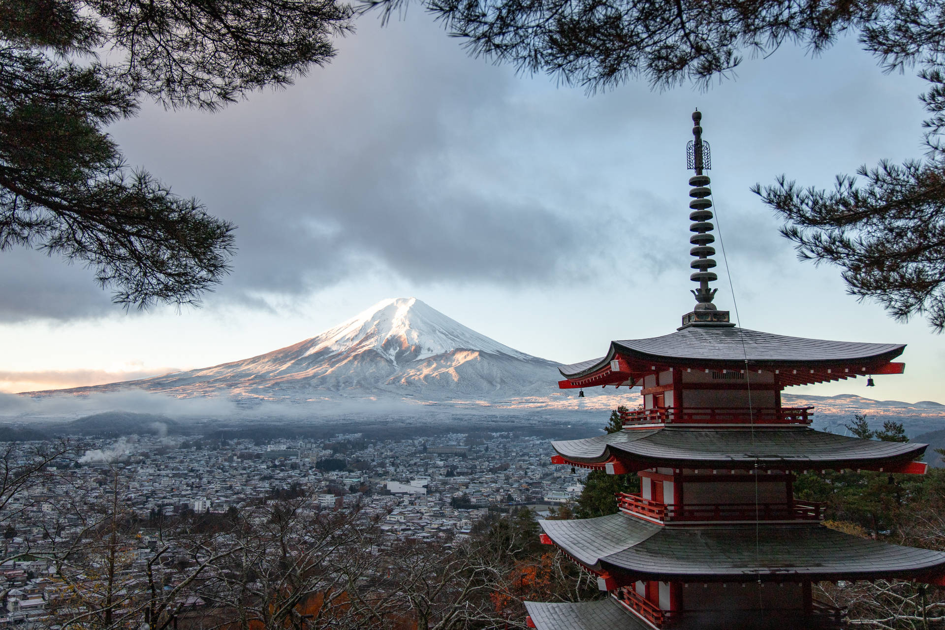 Mount Fuji Og Helligdom Wallpaper