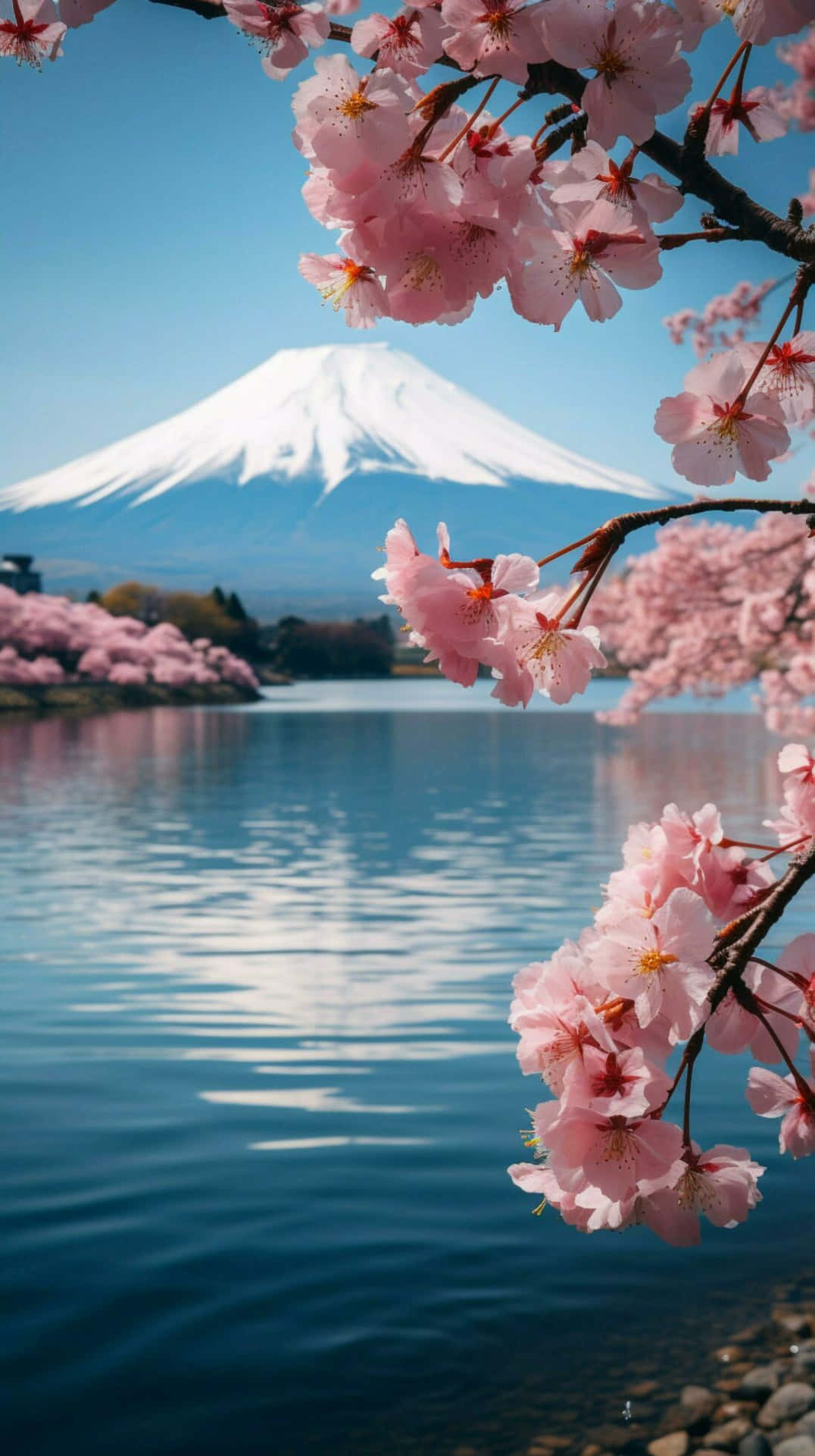 Mount Fuji Cherry Blossoms Lake View Wallpaper