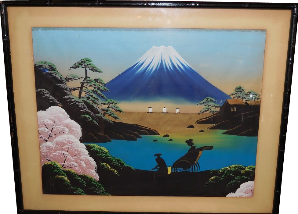 Mount Fuji Painting Traditional Japanese Scene PNG