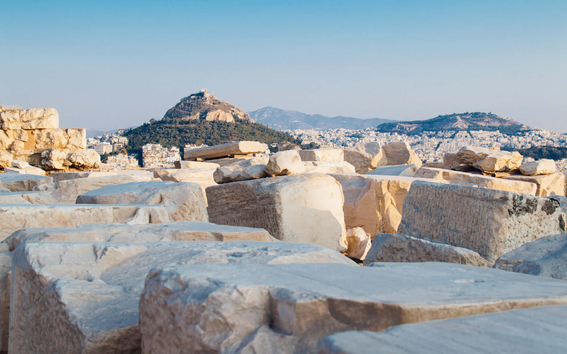 Mount Lycabettus Behind The Athenian Acropolis Wallpaper