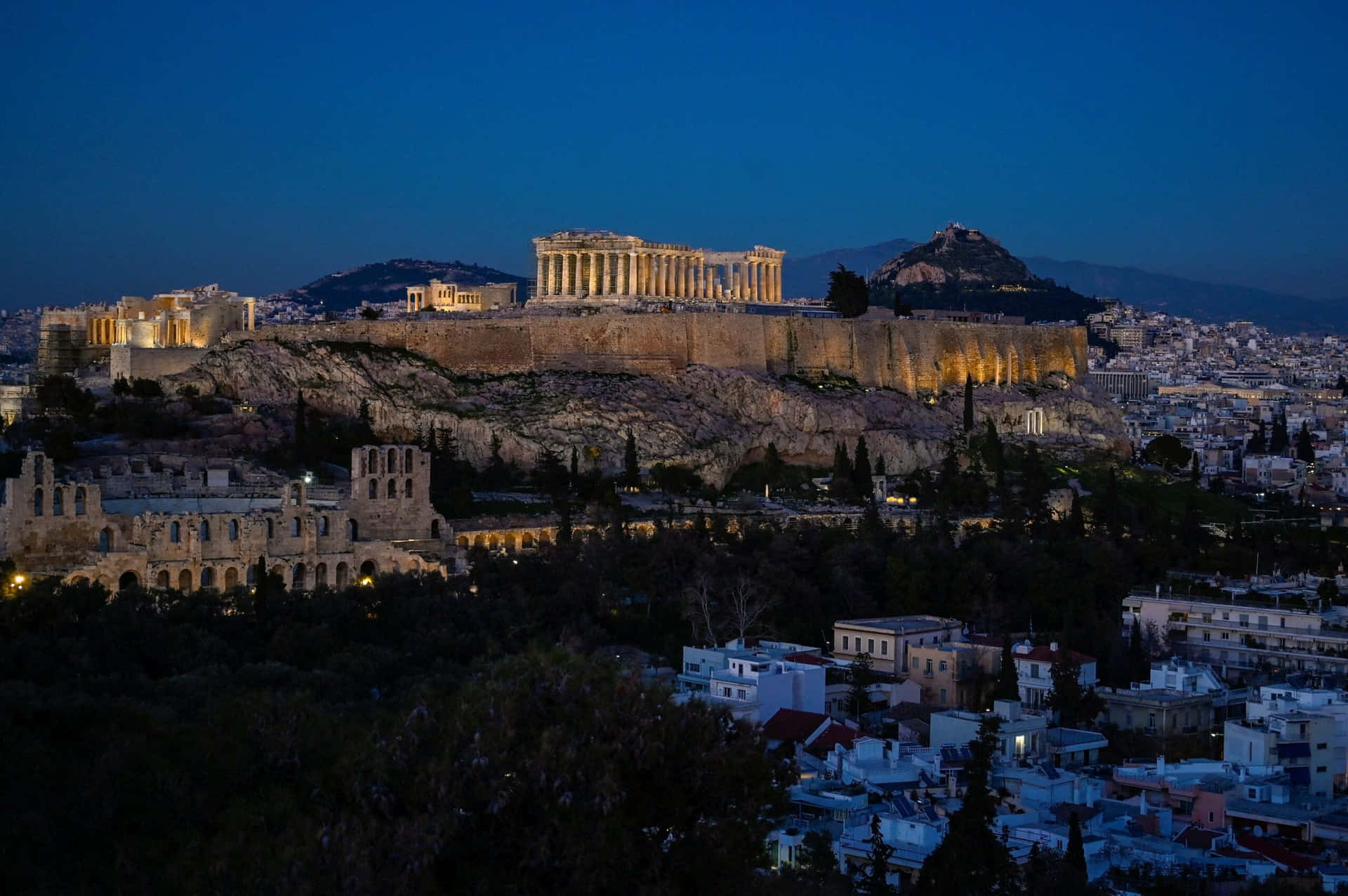 Mount Lycabettus Evening Blue Sky Athens Wallpaper