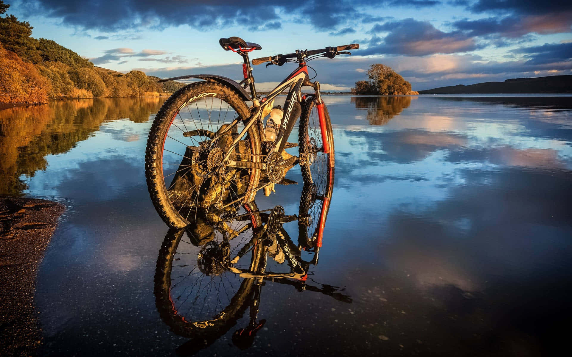 Mountain Bike Sunset Lake Reflection Wallpaper