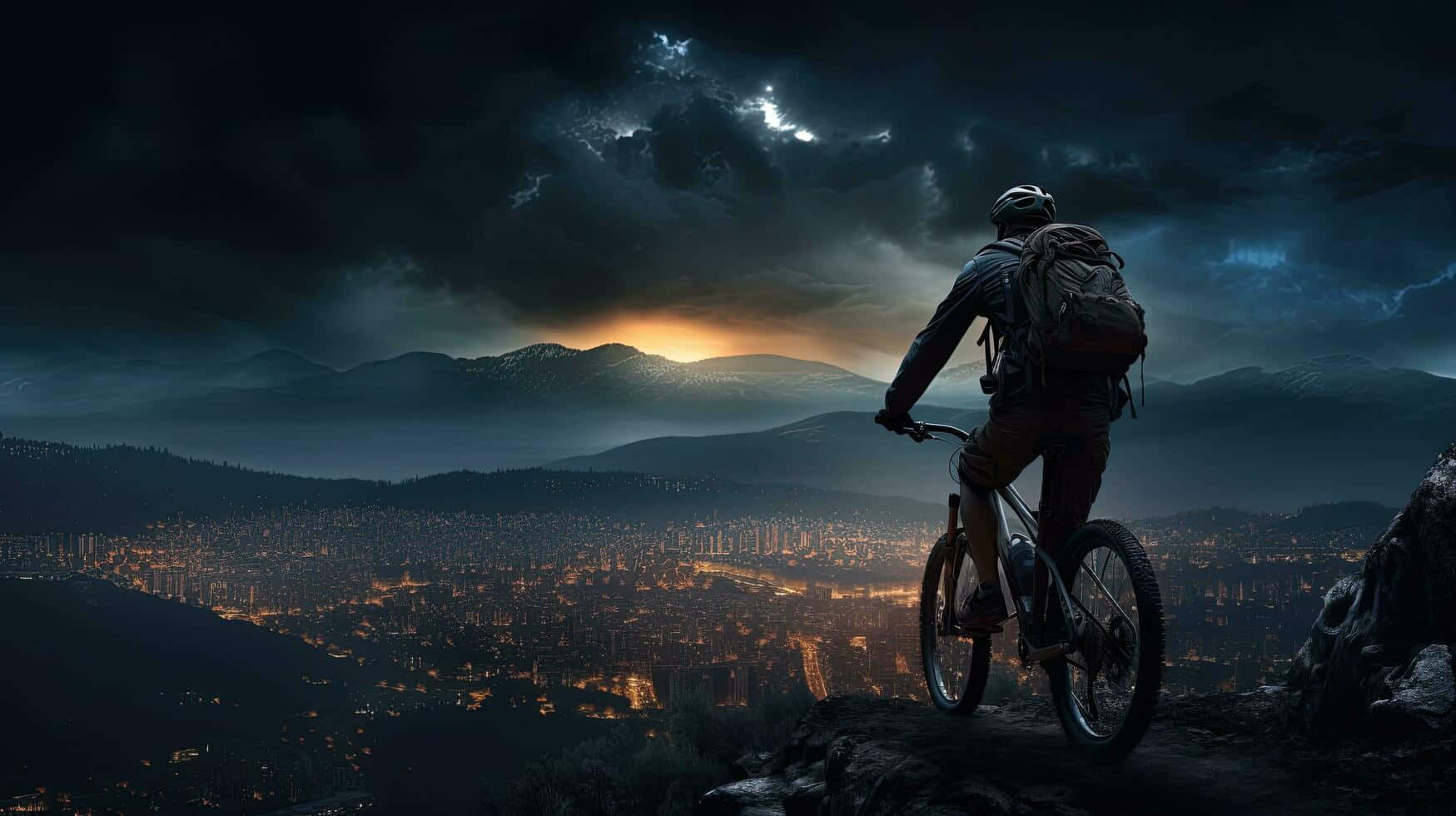 Mountain Biker Overlooking Cityat Dusk Wallpaper