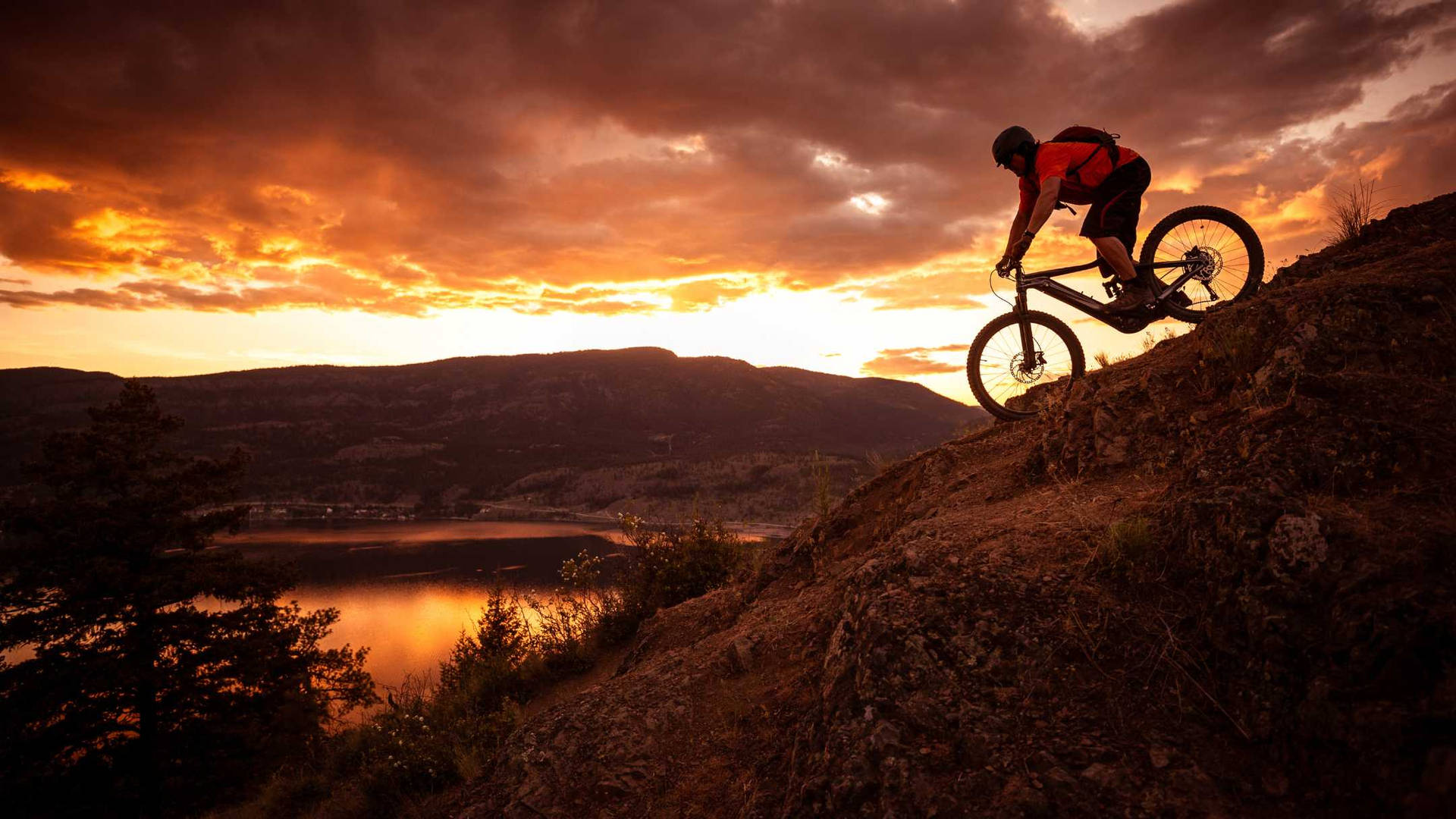 Mountain Biking Sunset Mountain Downhill Terrain Wallpaper
