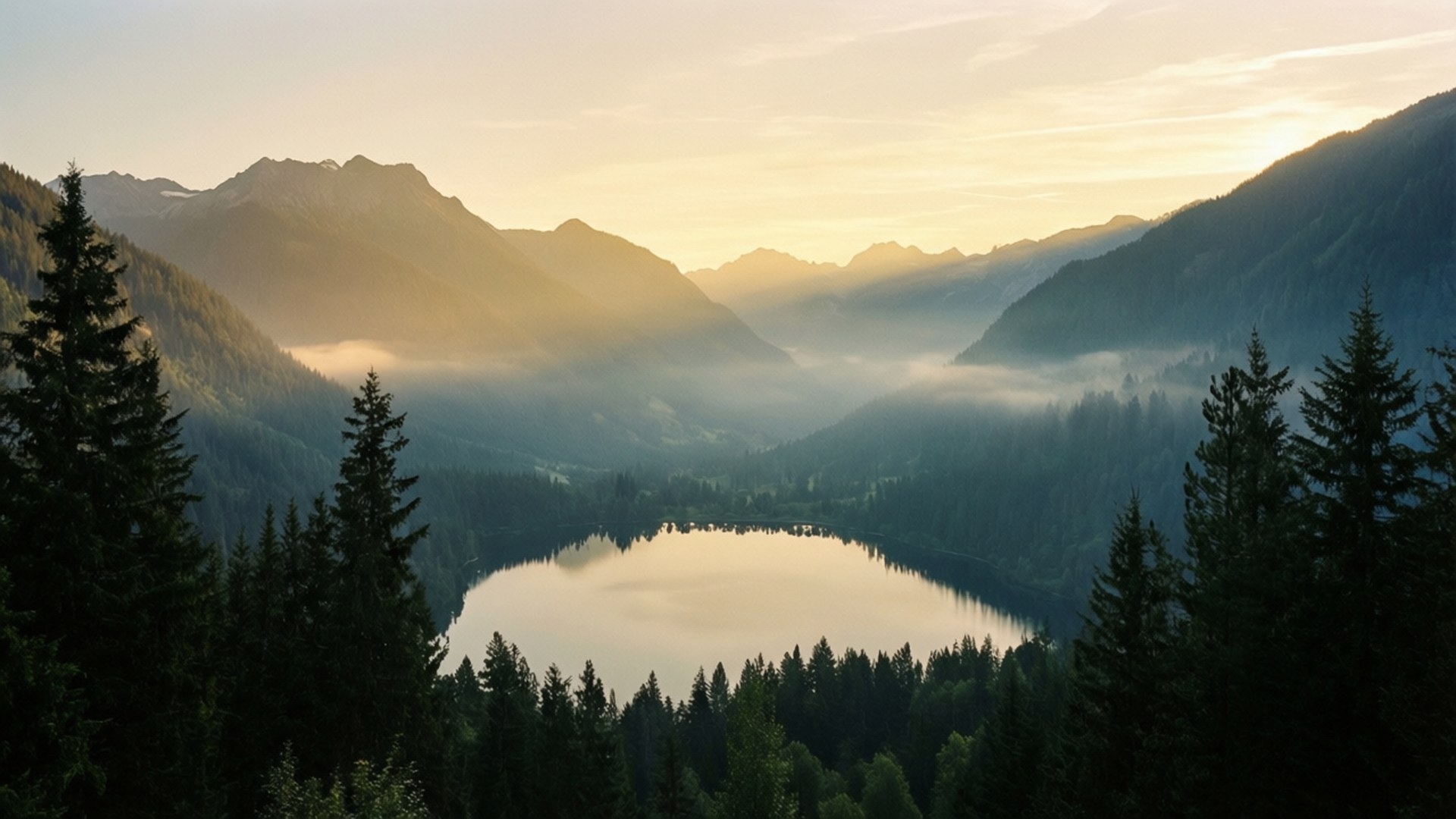 Aube sur la montagne Fonds d'écran — Lever de soleil paisible sur les montagnes et le lac au format ultrawide.