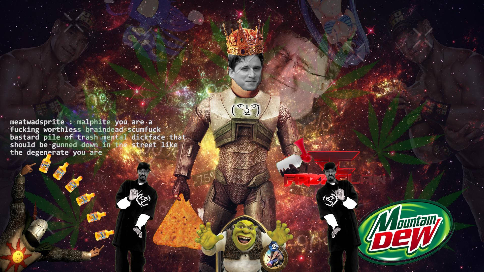 Grey face man with kings crown on a mountain dew meme.