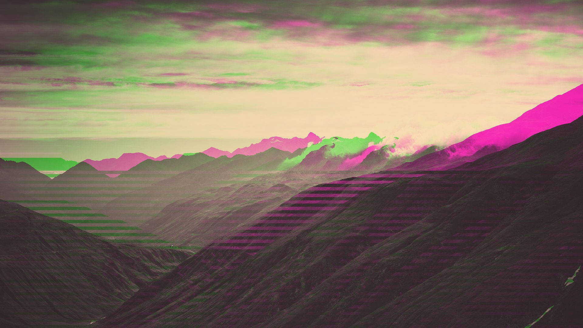 A mountain peak surrounded by a glitchy digital overlay Wallpaper