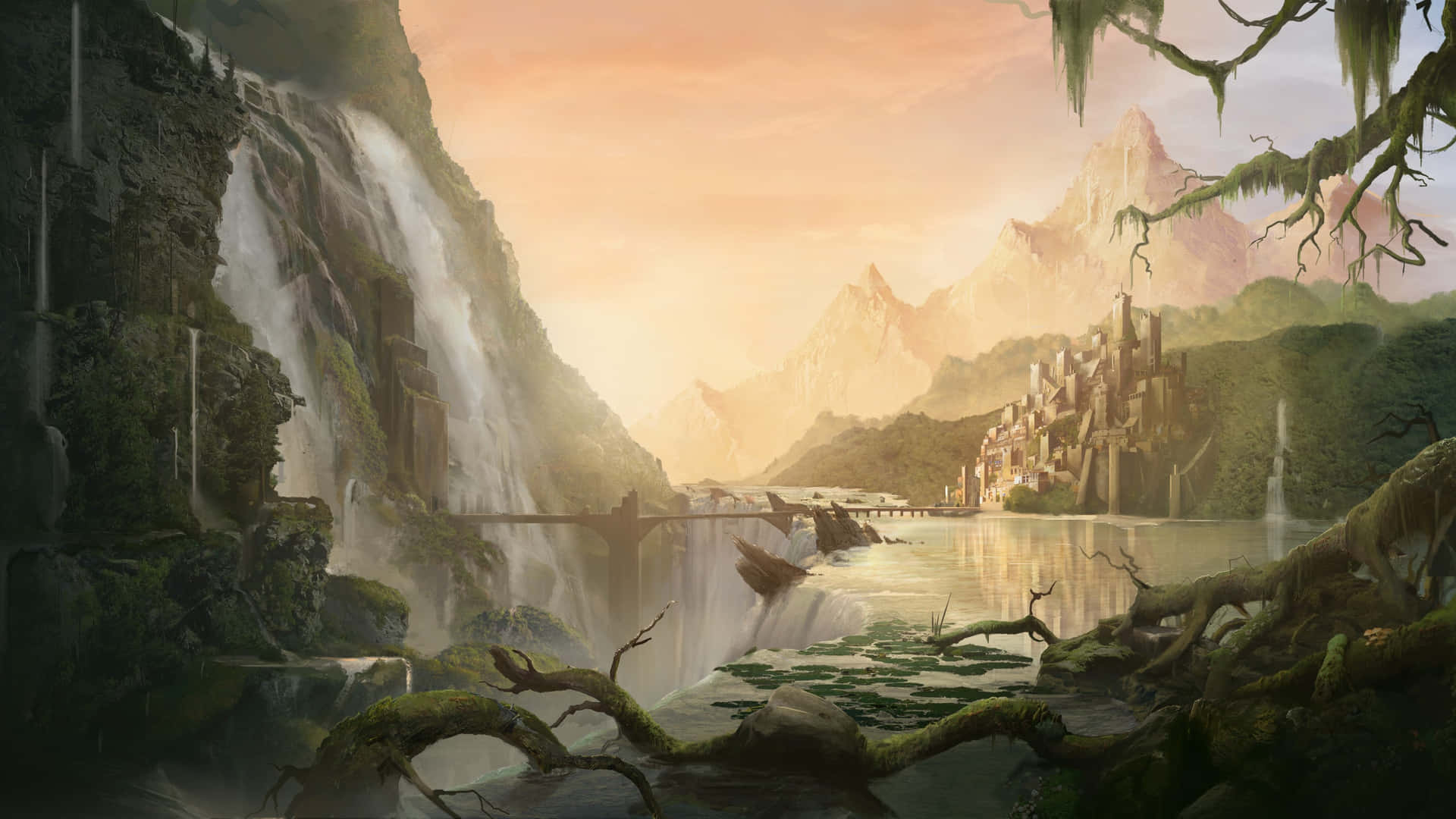 Mountain Falls 4K Painting Wallpaper
