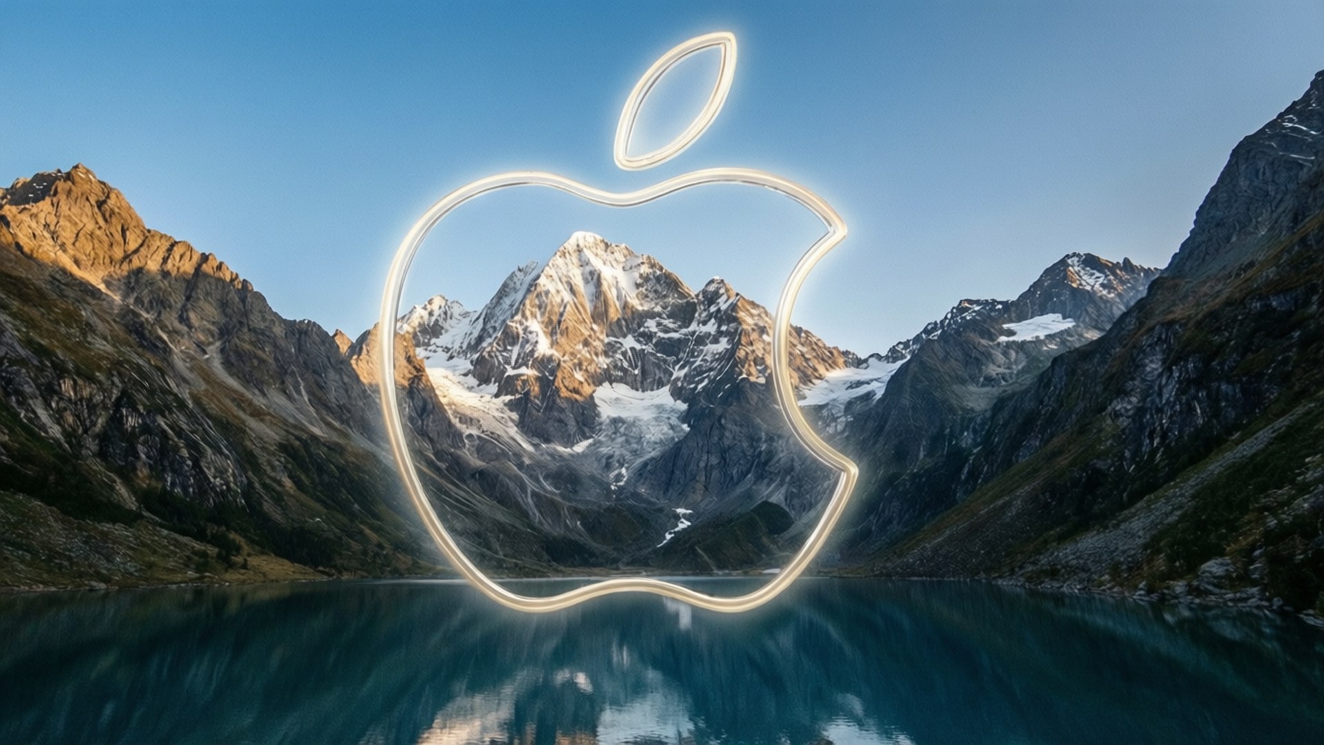 Mountain Inside Apple Wallpaper — A glowing apple logo frames a snowcapped mountain range reflected in a calm blue lake under a clear sky.