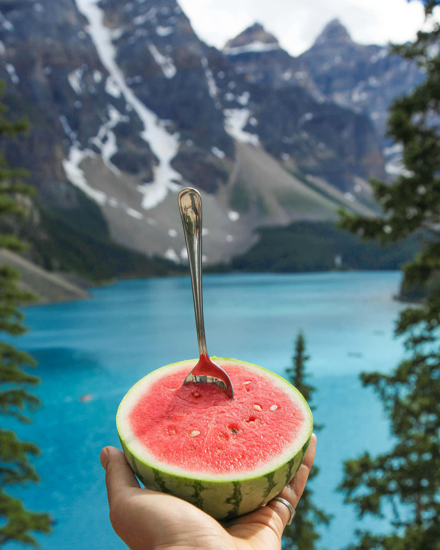 Mountain Lake Watermelon Slice Aesthetic.jpg Wallpaper