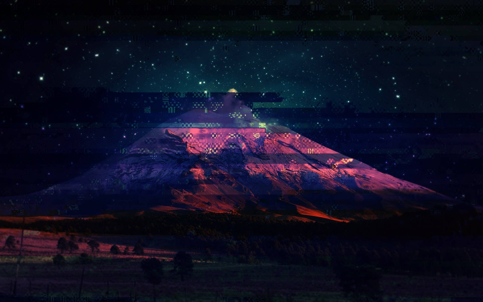 A Beautiful Nightscape View of a Glitched Mountain Wallpaper
