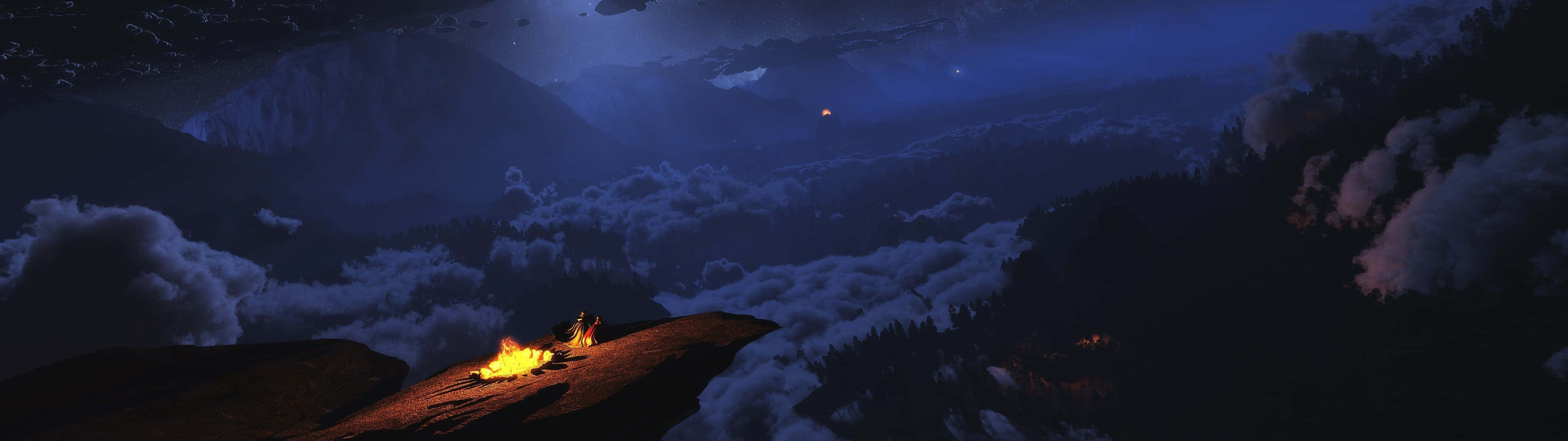 Mountain Night Campfire Panorama Wallpaper