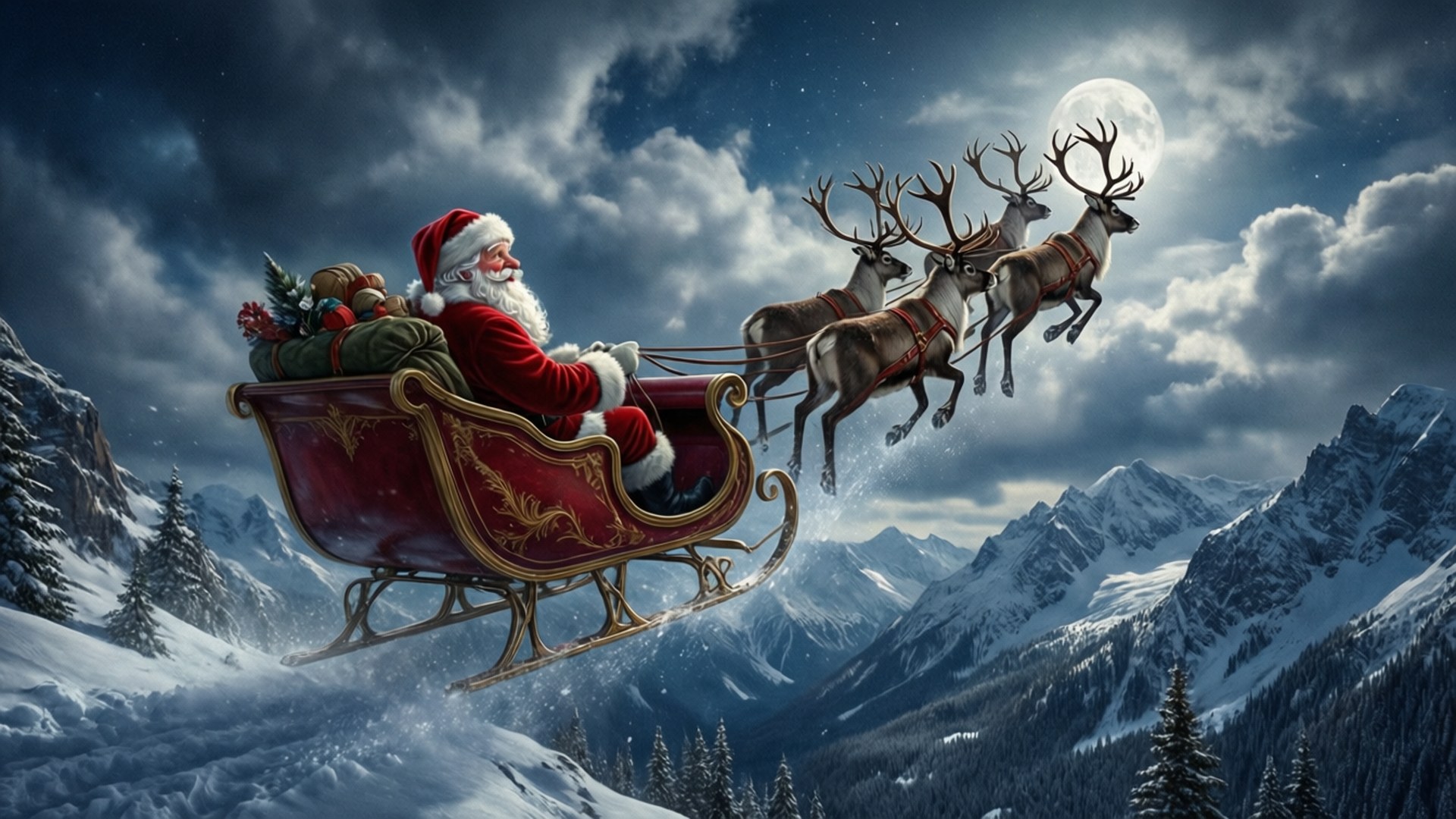 Una vista epica della slitta di Babbo Natale che vola su maestose montagne innevate di notte.