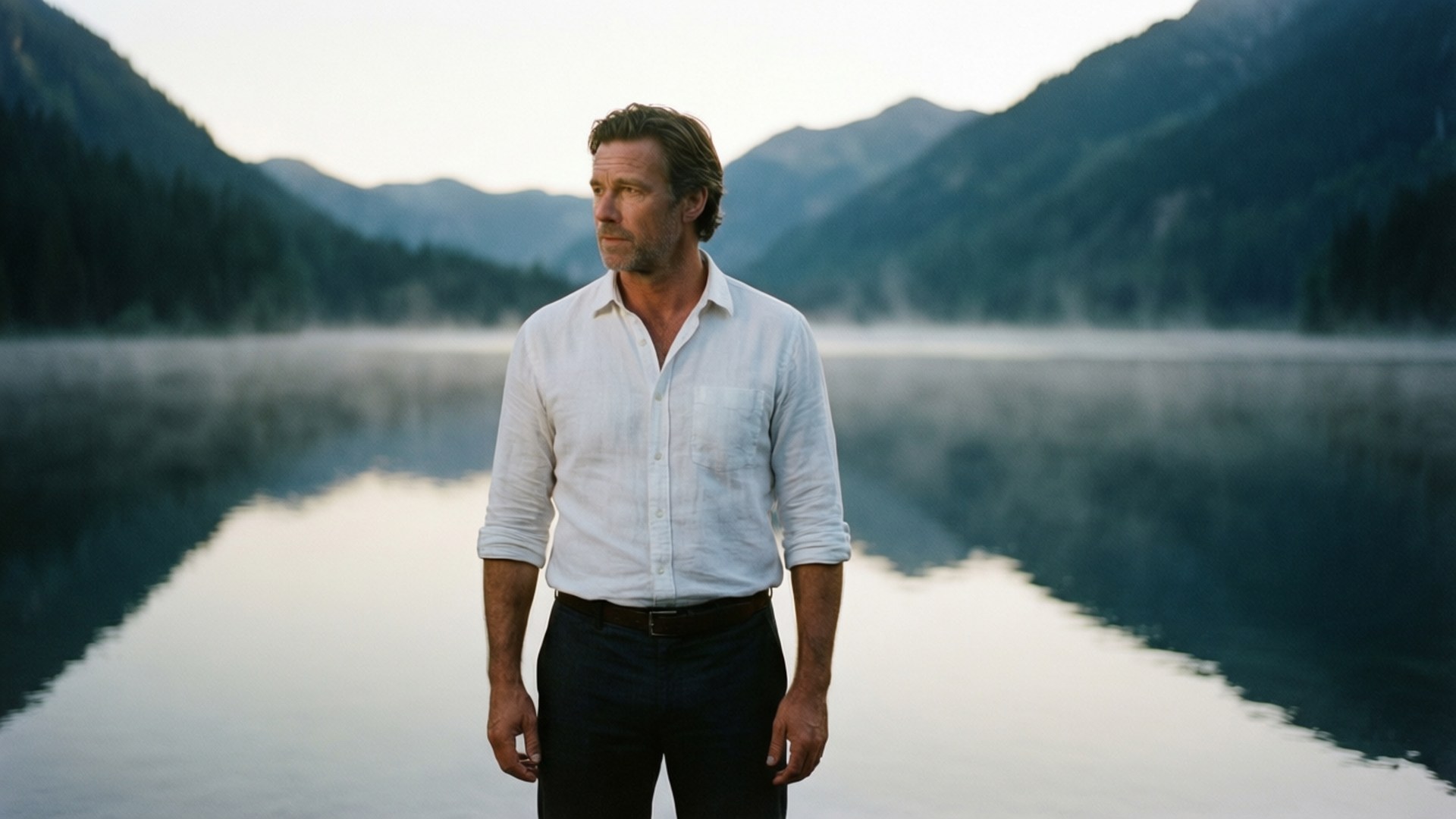 Sullivan Stapleton in a peaceful mountain lake scene, radiating calm and depth.