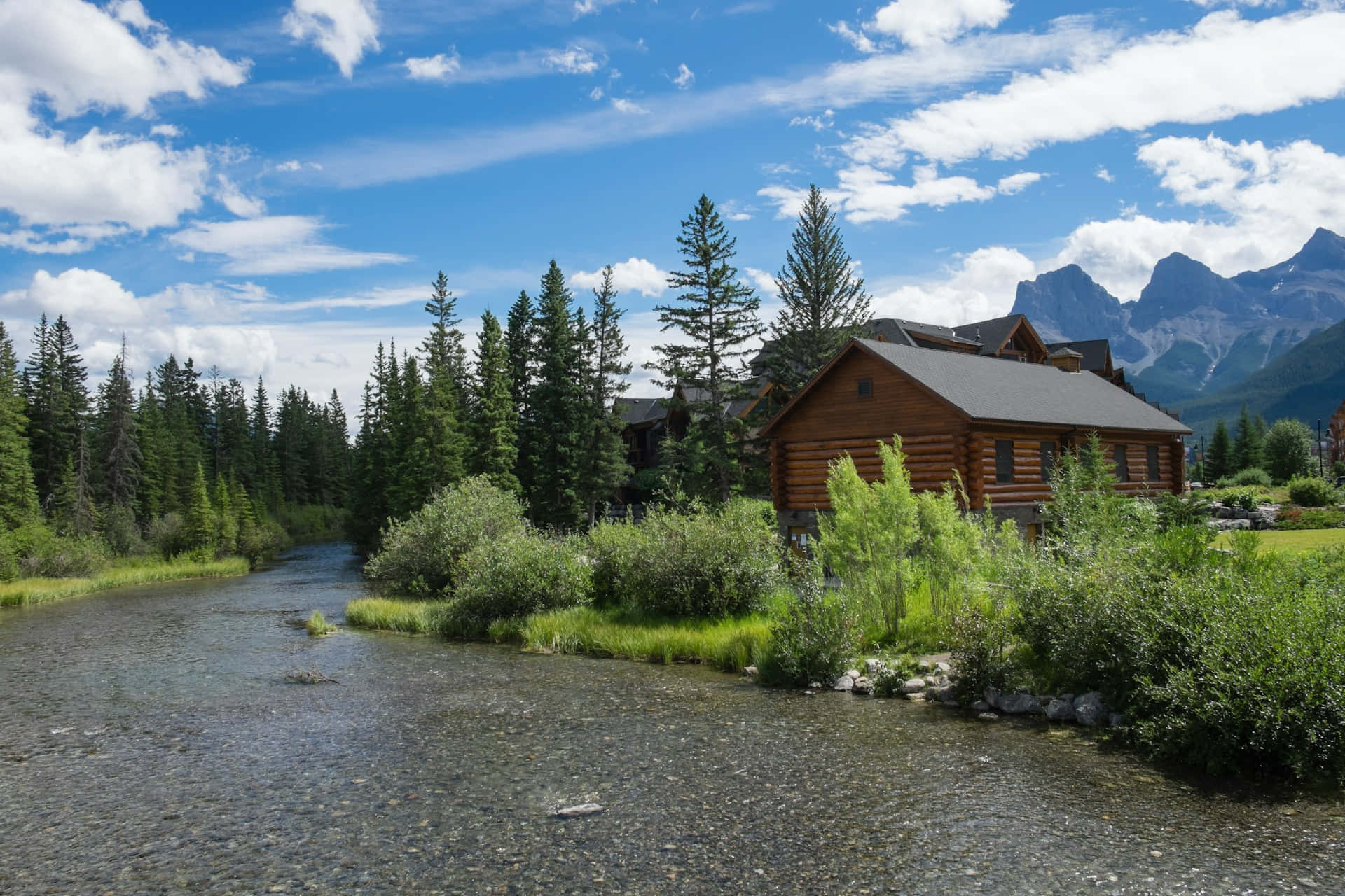 Mountain River Log Cabin Landscape Wallpaper