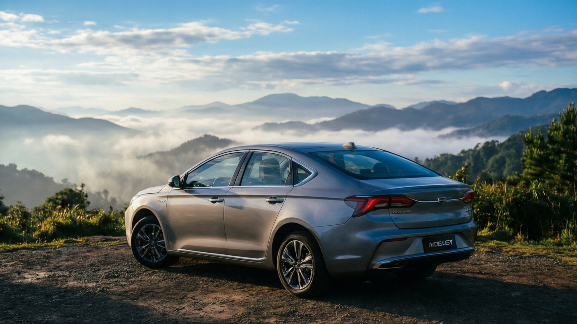 En blå Geely Preface med utsikt över dimmiga berg tidigt på morgonen
