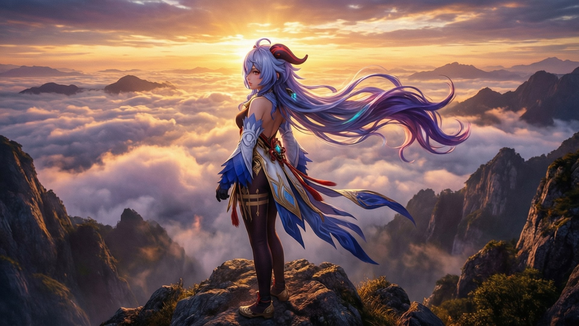 Mountain Summit Dawn Wallpaper — A silver-haired anime girl with flowing purple hair stands atop a mountain peak at sunrise overlooking a sea of clouds.
