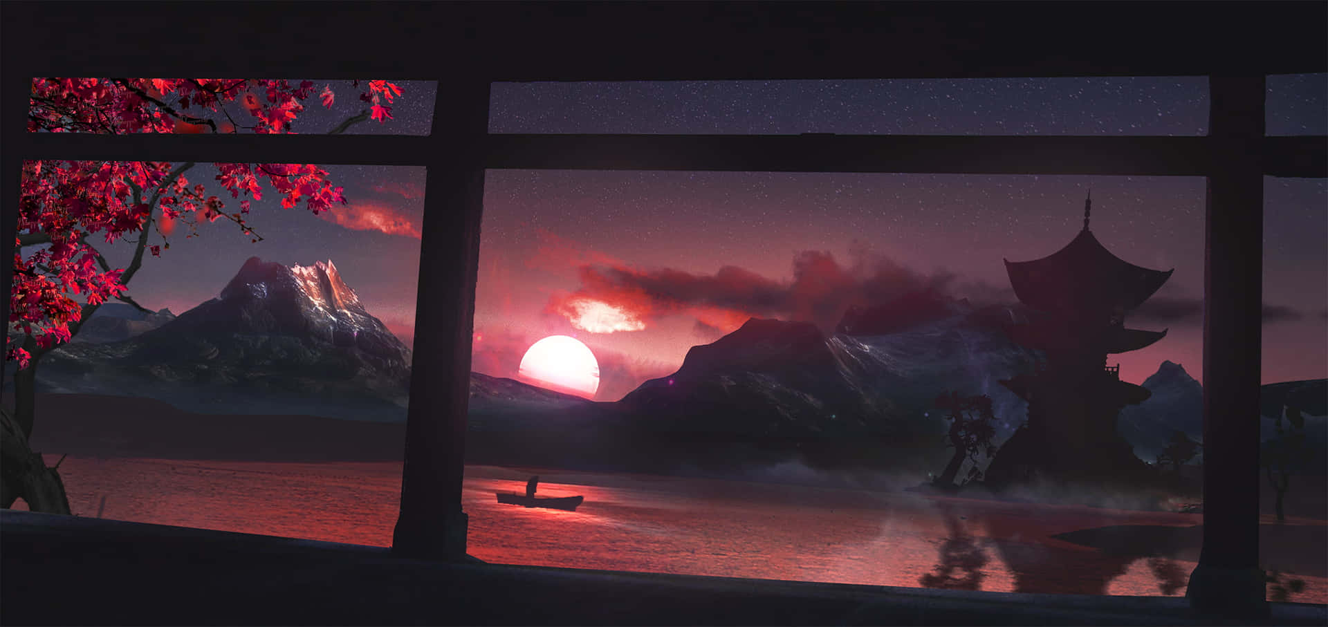 The sun reflects off of the snow-covered mountains, creating a breathtaking sunset Wallpaper
