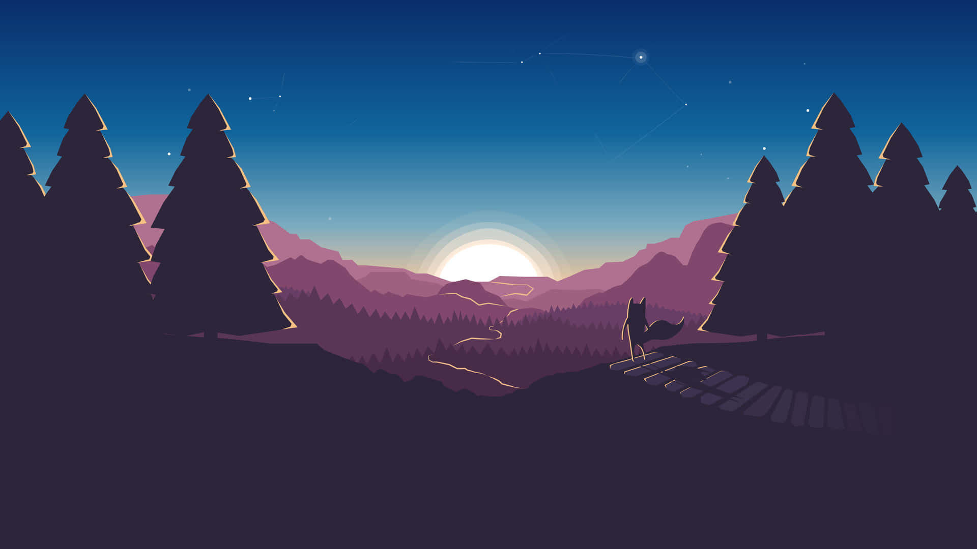 A Silhouette Of A Mountain With Trees And A Sunset Wallpaper