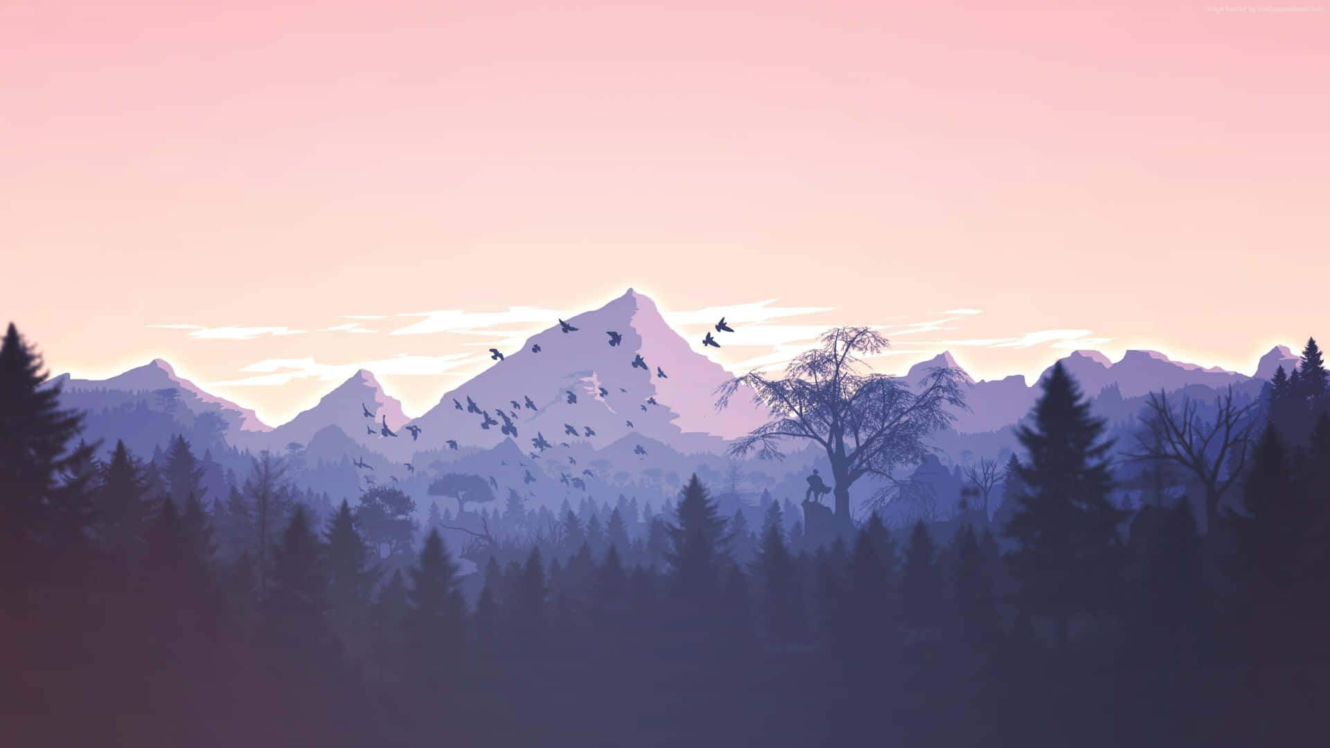 En smuk og surreal solnedgang over sneklædte bjerge. Wallpaper