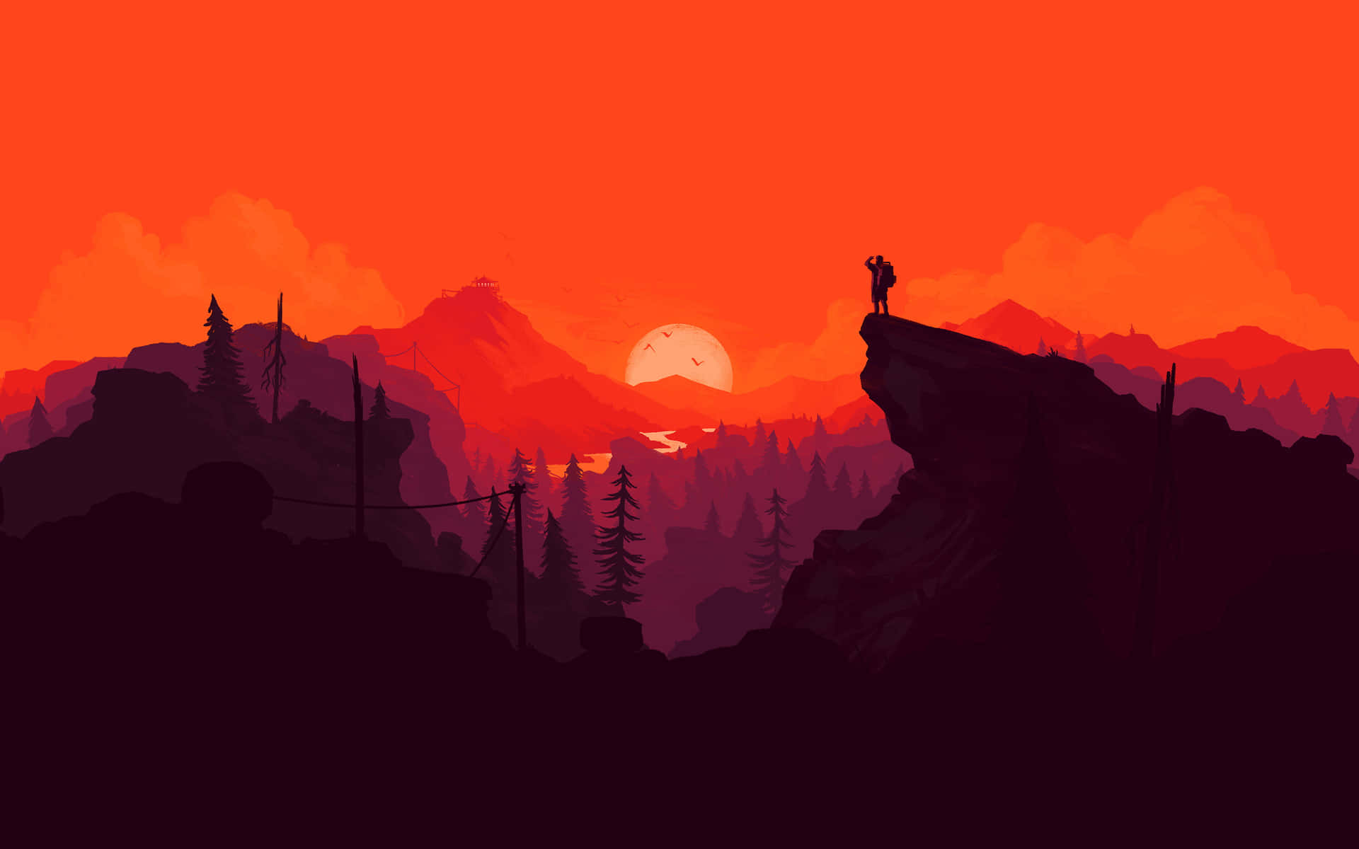 The sun sets behind the majestic mountains Wallpaper